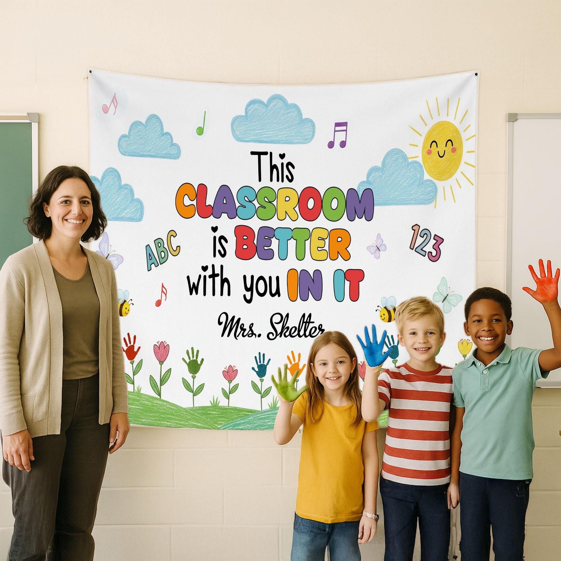 Custom Classroom Tapestry – Back to School Wall Decor for Kindergarten – DIY Handprint Flowers Craft Banner for Kids – Teacher Welcome Sign