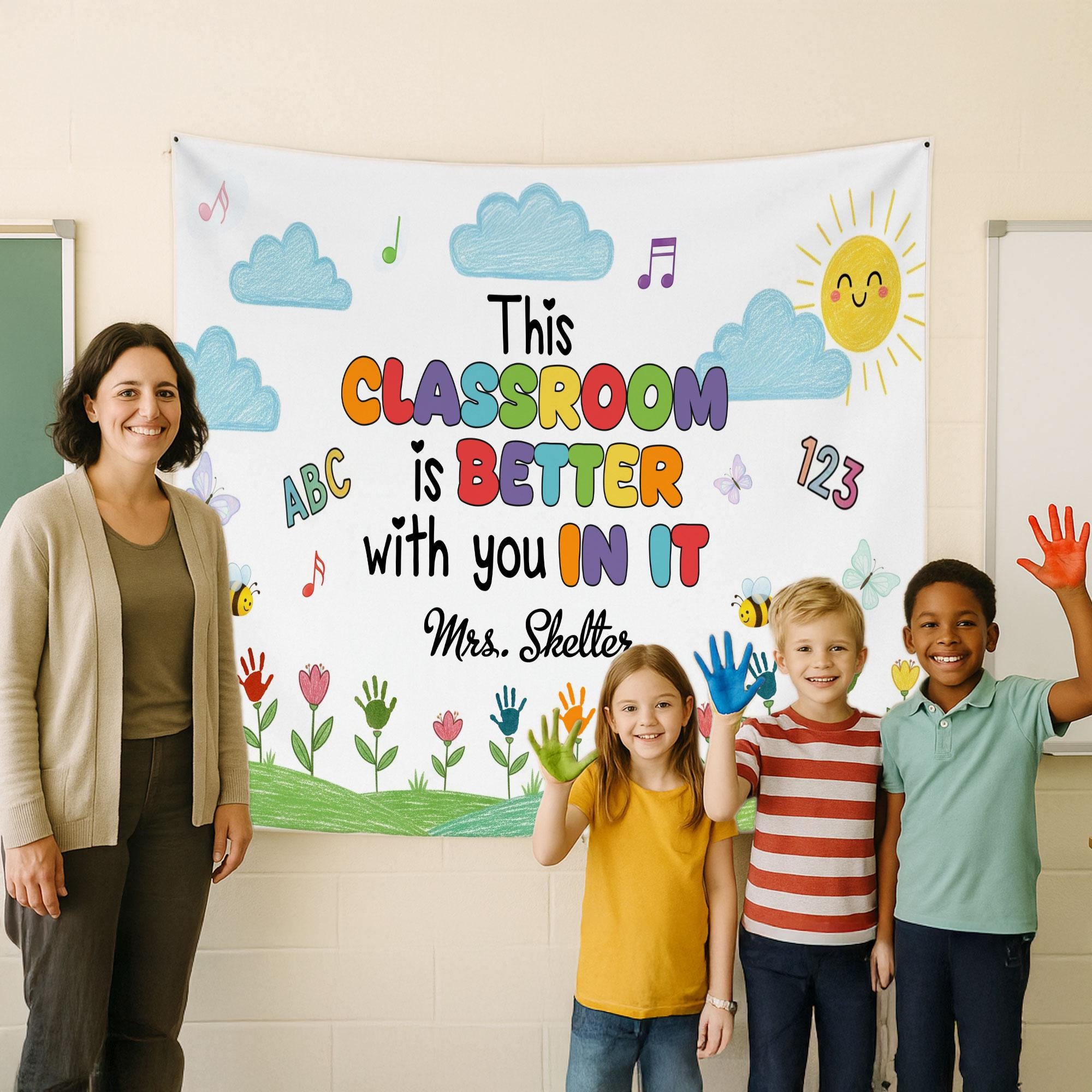 Custom Classroom Tapestry – Back to School Wall Decor for Kindergarten – DIY Handprint Flowers Craft Banner for Kids – Teacher Welcome Sign