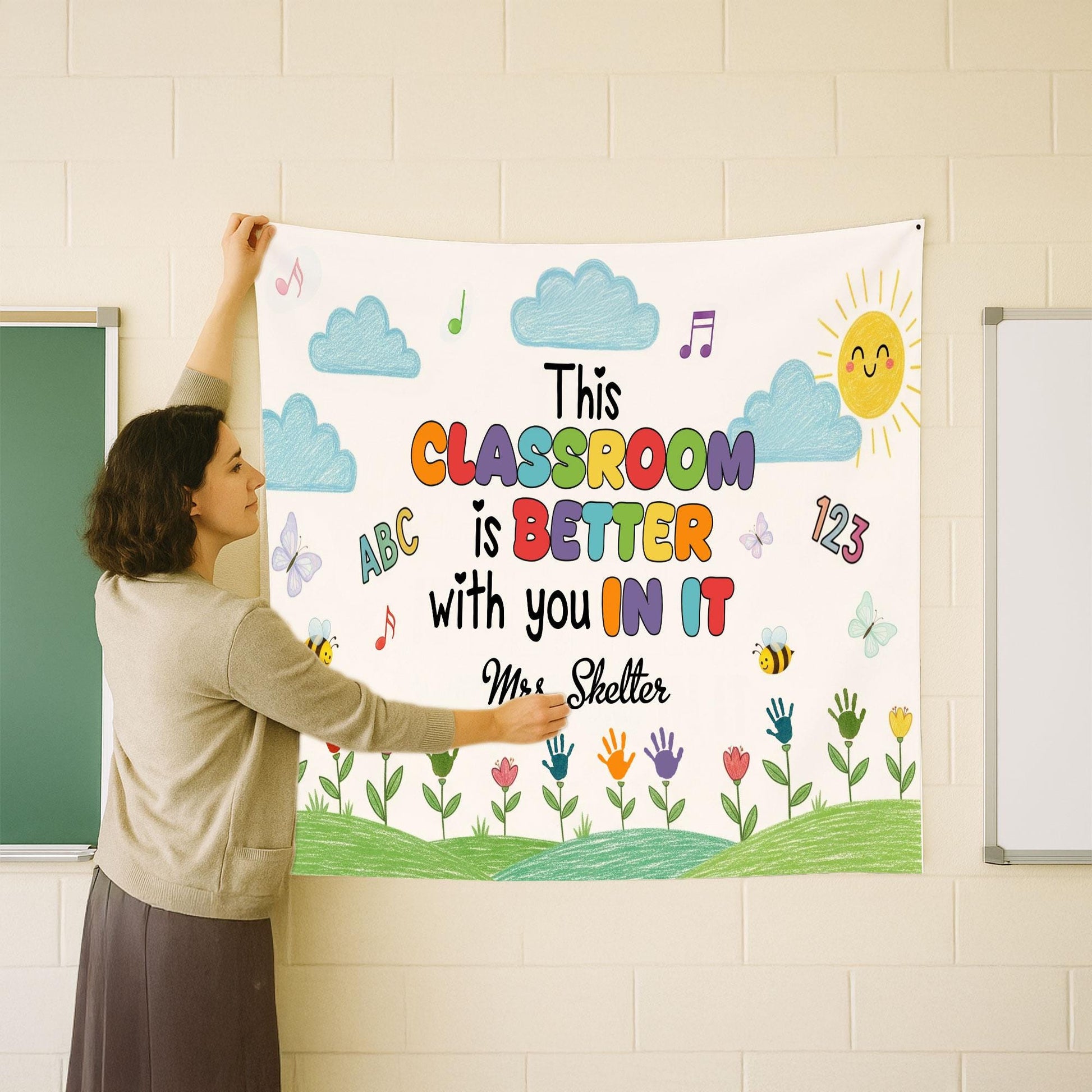 Custom Classroom Tapestry – Back to School Wall Decor for Kindergarten – DIY Handprint Flowers Craft Banner for Kids – Teacher Welcome Sign