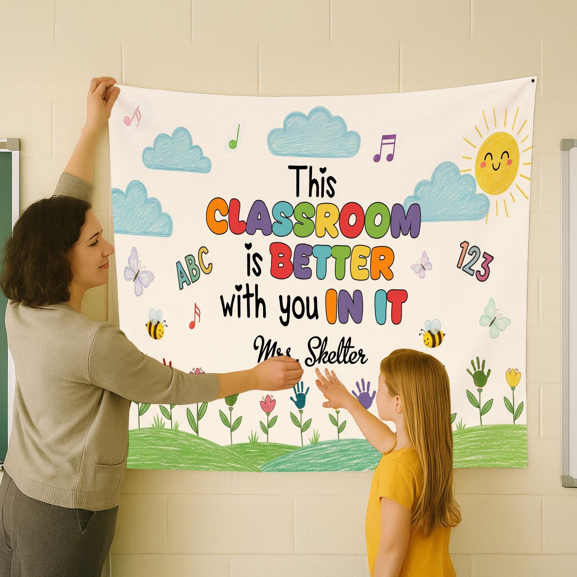 Custom Classroom Tapestry – Back to School Wall Decor for Kindergarten – DIY Handprint Flowers Craft Banner for Kids – Teacher Welcome Sign