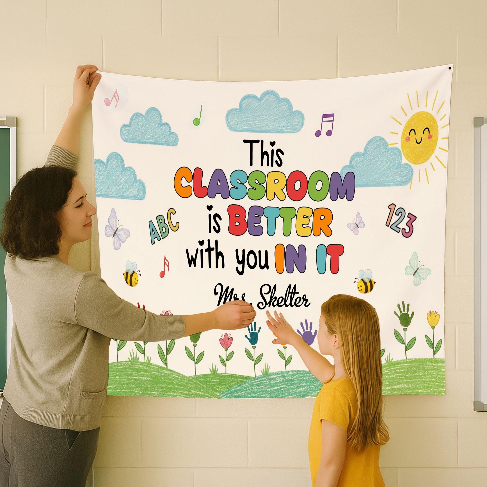 Custom Classroom Tapestry – Back to School Wall Decor for Kindergarten – DIY Handprint Flowers Craft Banner for Kids – Teacher Welcome Sign