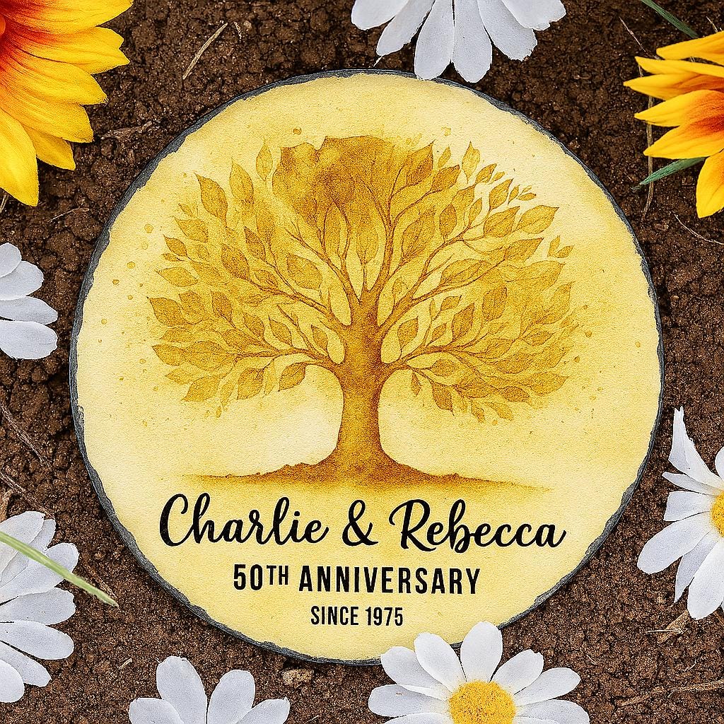 Custom 50th Anniversary Garden Stone – Golden Tree Personalized Outdoor Gift – Printed Family Name Yard Decor Since 1975
