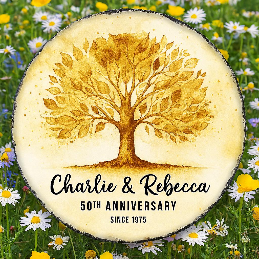 Custom 50th Anniversary Garden Stone – Golden Tree Personalized Outdoor Gift – Printed Family Name Yard Decor Since 1975