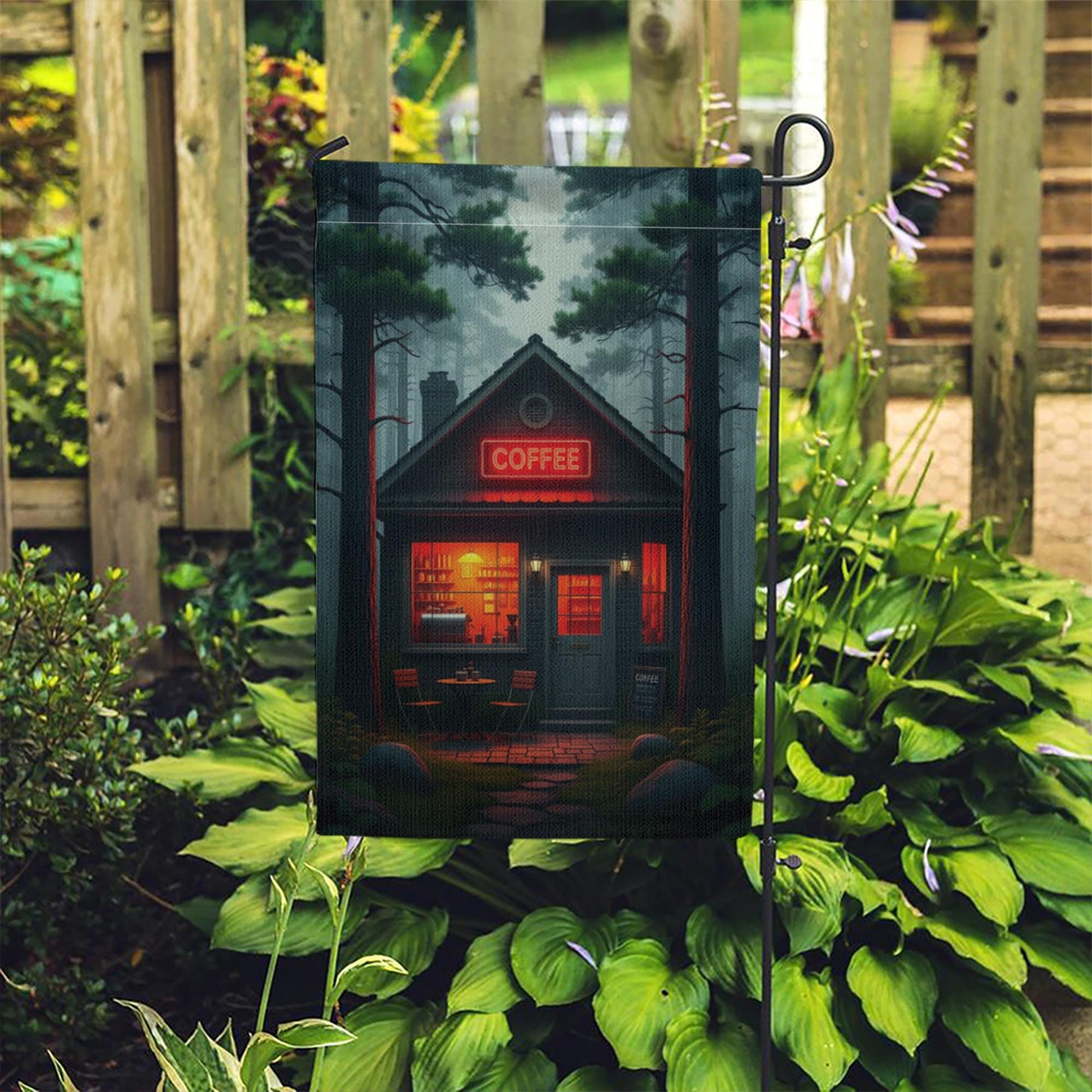 Cozy Coffee Cabin Garden Flag | Rustic Forest Café Outdoor Decor | Moody Barista Yard Sign | Coffee Lover Gift | Fall Porch Banner