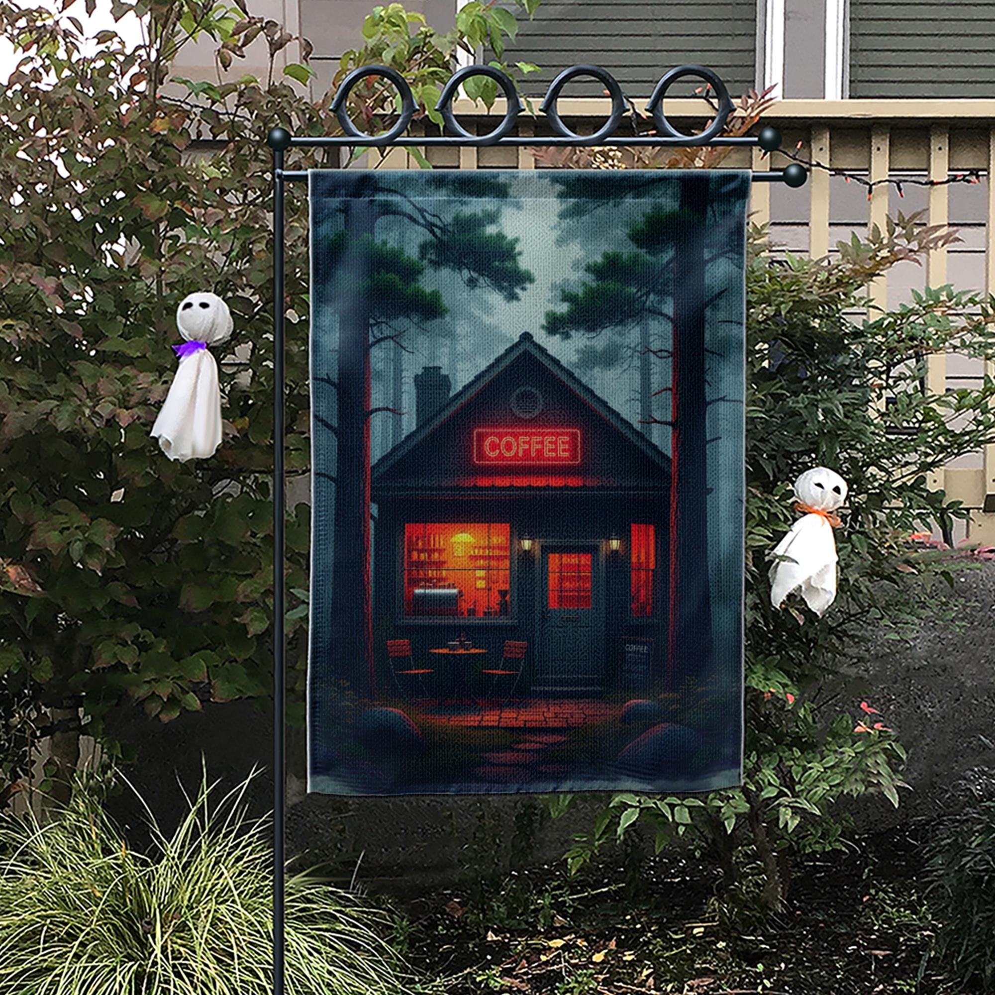 Cozy Coffee Cabin Garden Flag | Rustic Forest Café Outdoor Decor | Moody Barista Yard Sign | Coffee Lover Gift | Fall Porch Banner