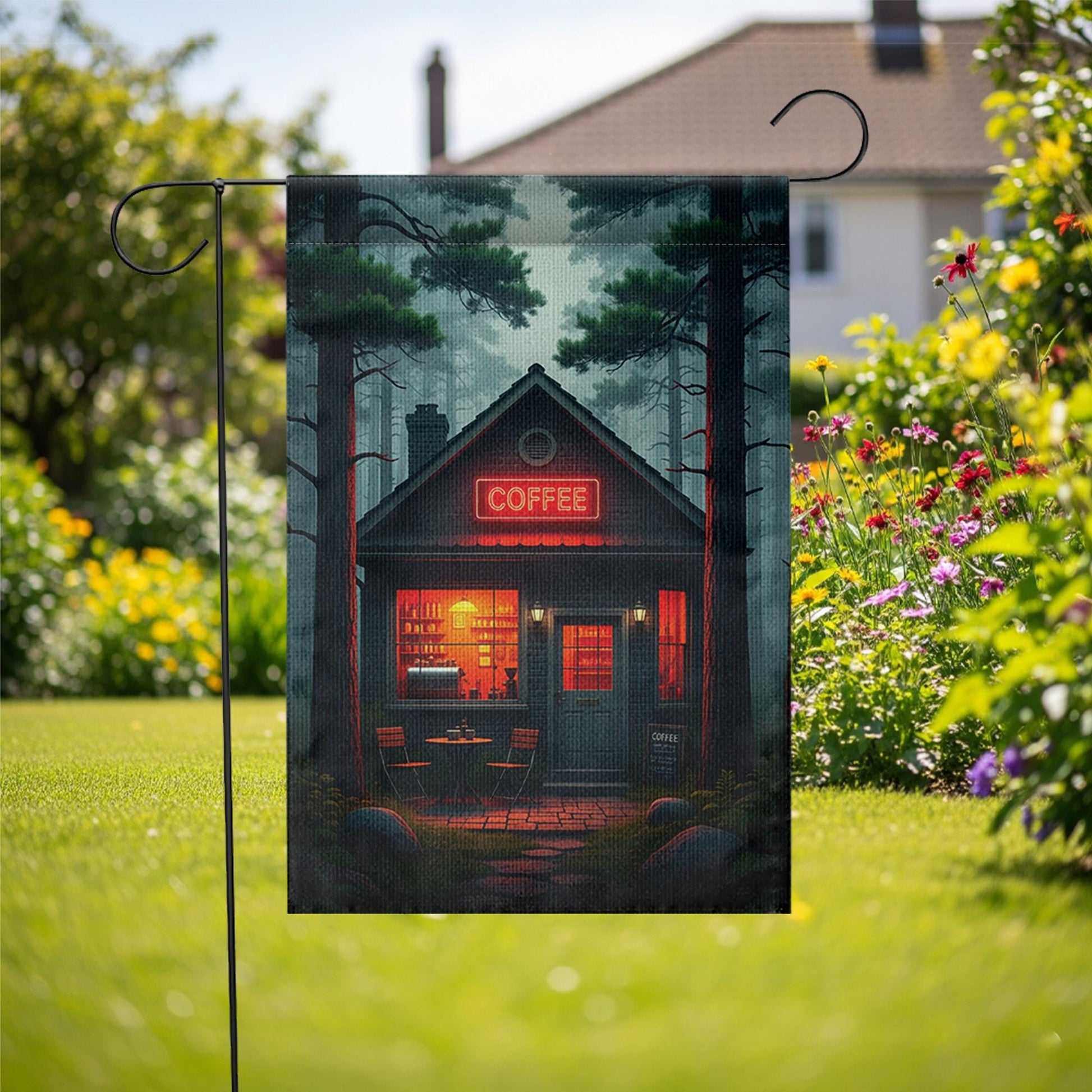 Cozy Coffee Cabin Garden Flag | Rustic Forest Café Outdoor Decor | Moody Barista Yard Sign | Coffee Lover Gift | Fall Porch Banner