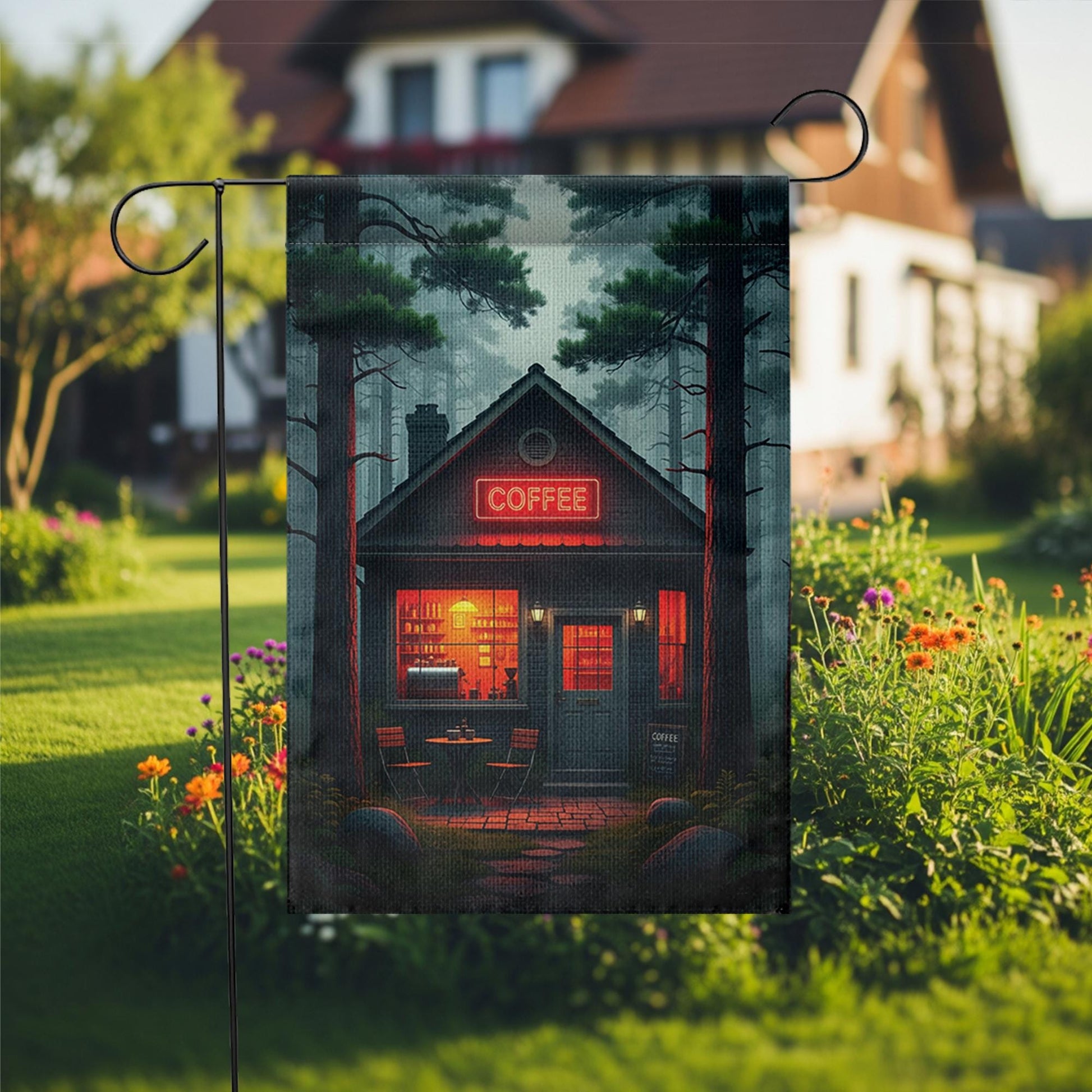 Cozy Coffee Cabin Garden Flag | Rustic Forest Café Outdoor Decor | Moody Barista Yard Sign | Coffee Lover Gift | Fall Porch Banner