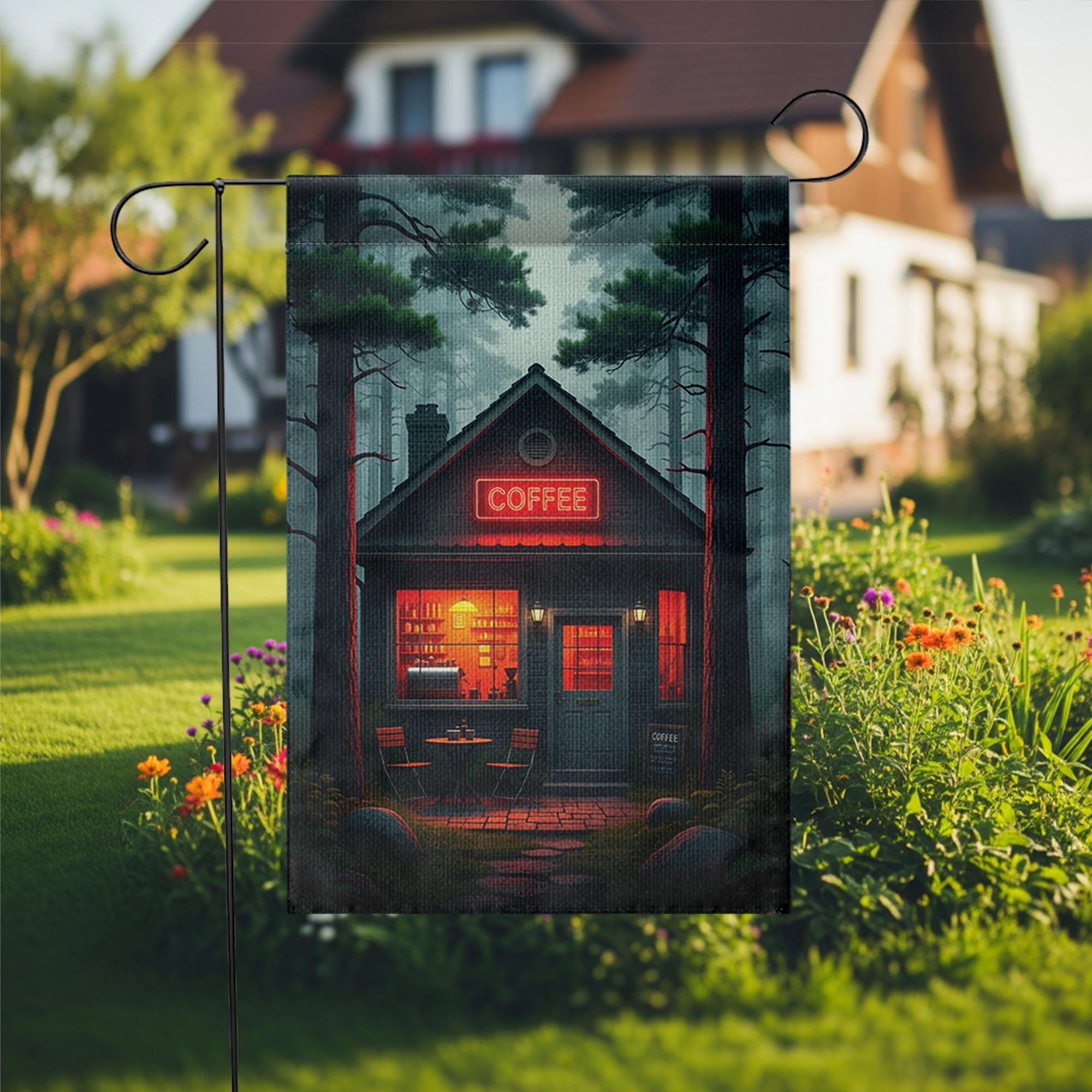 Cozy Coffee Cabin Garden Flag | Rustic Forest Café Outdoor Decor | Moody Barista Yard Sign | Coffee Lover Gift | Fall Porch Banner