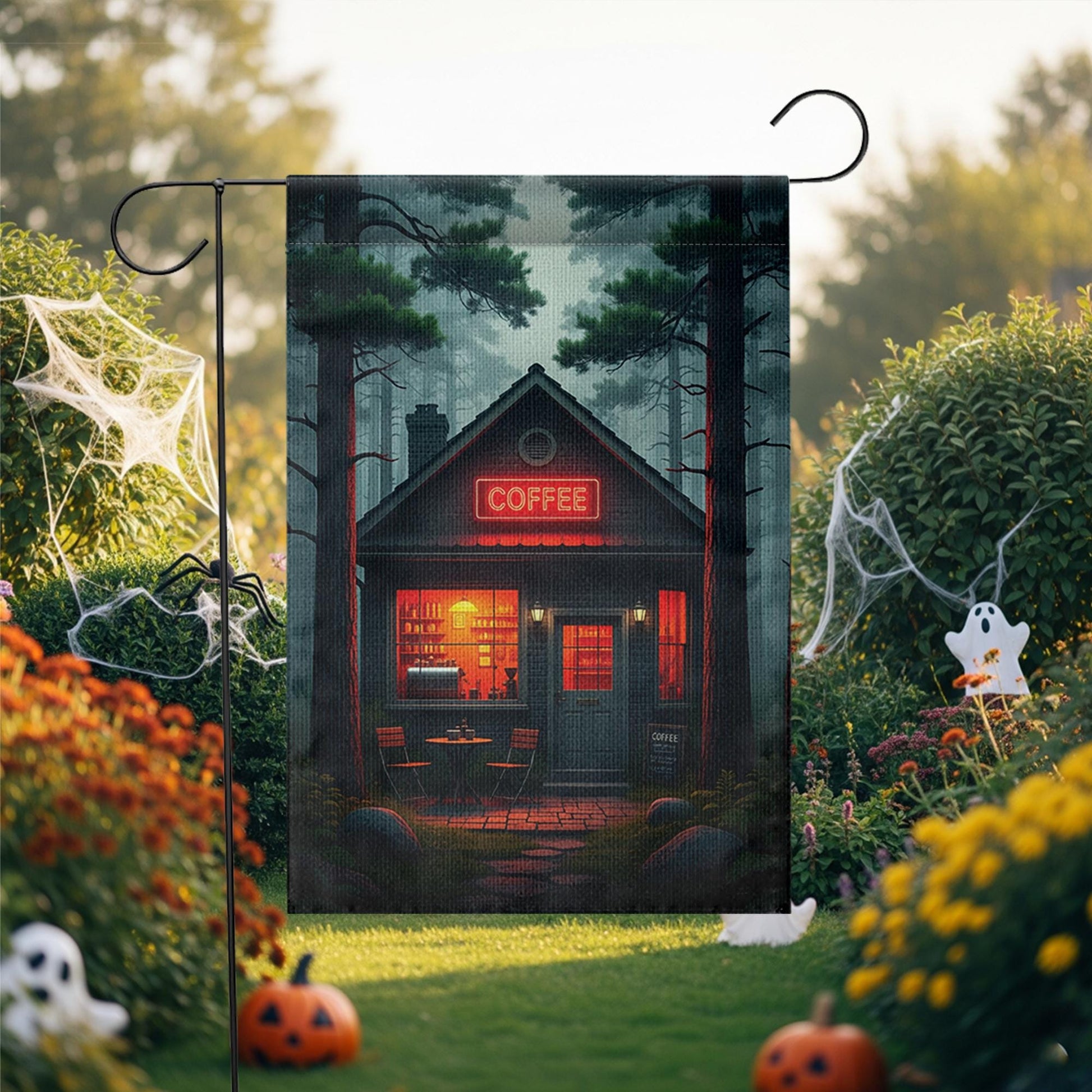 Cozy Coffee Cabin Garden Flag | Rustic Forest Café Outdoor Decor | Moody Barista Yard Sign | Coffee Lover Gift | Fall Porch Banner