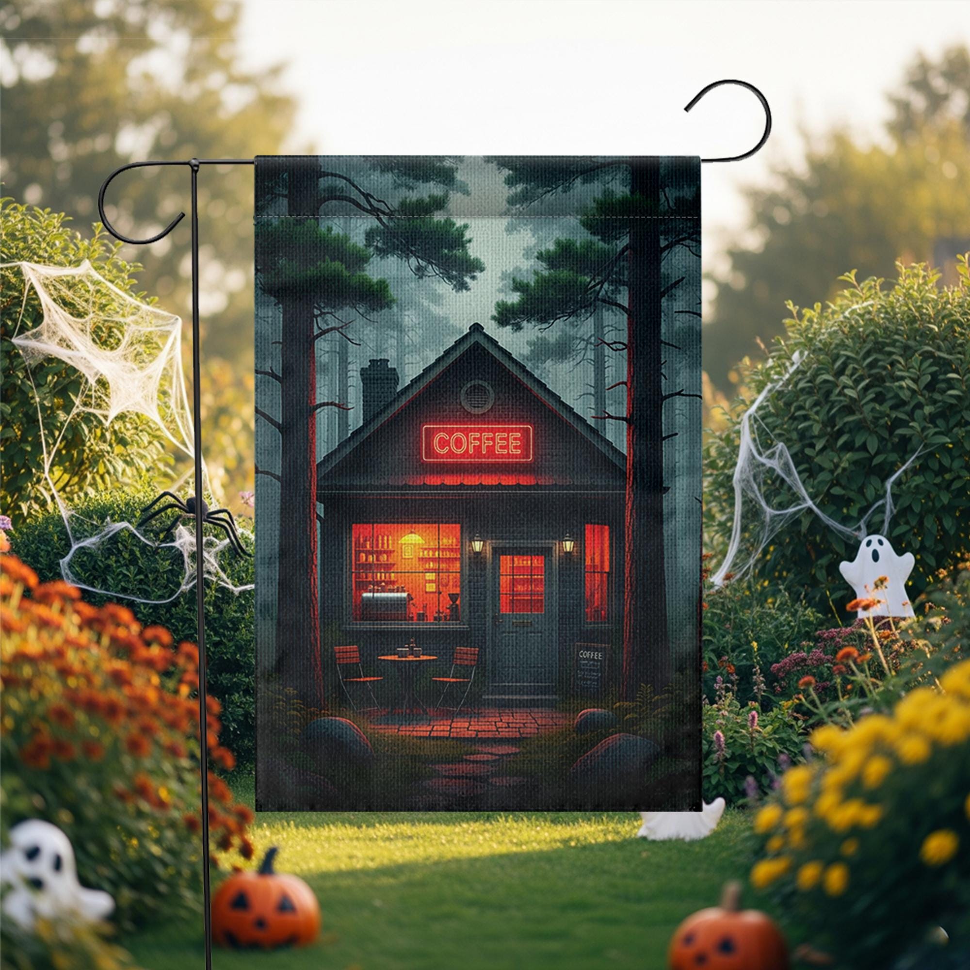 Cozy Coffee Cabin Garden Flag | Rustic Forest Café Outdoor Decor | Moody Barista Yard Sign | Coffee Lover Gift | Fall Porch Banner