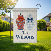 Custom Chinoiserie Garden Flag with Ginger Jars, Personalized Family Name Yard Sign, Blue Gingham Porch Decor, Monogram Outdoor Banner