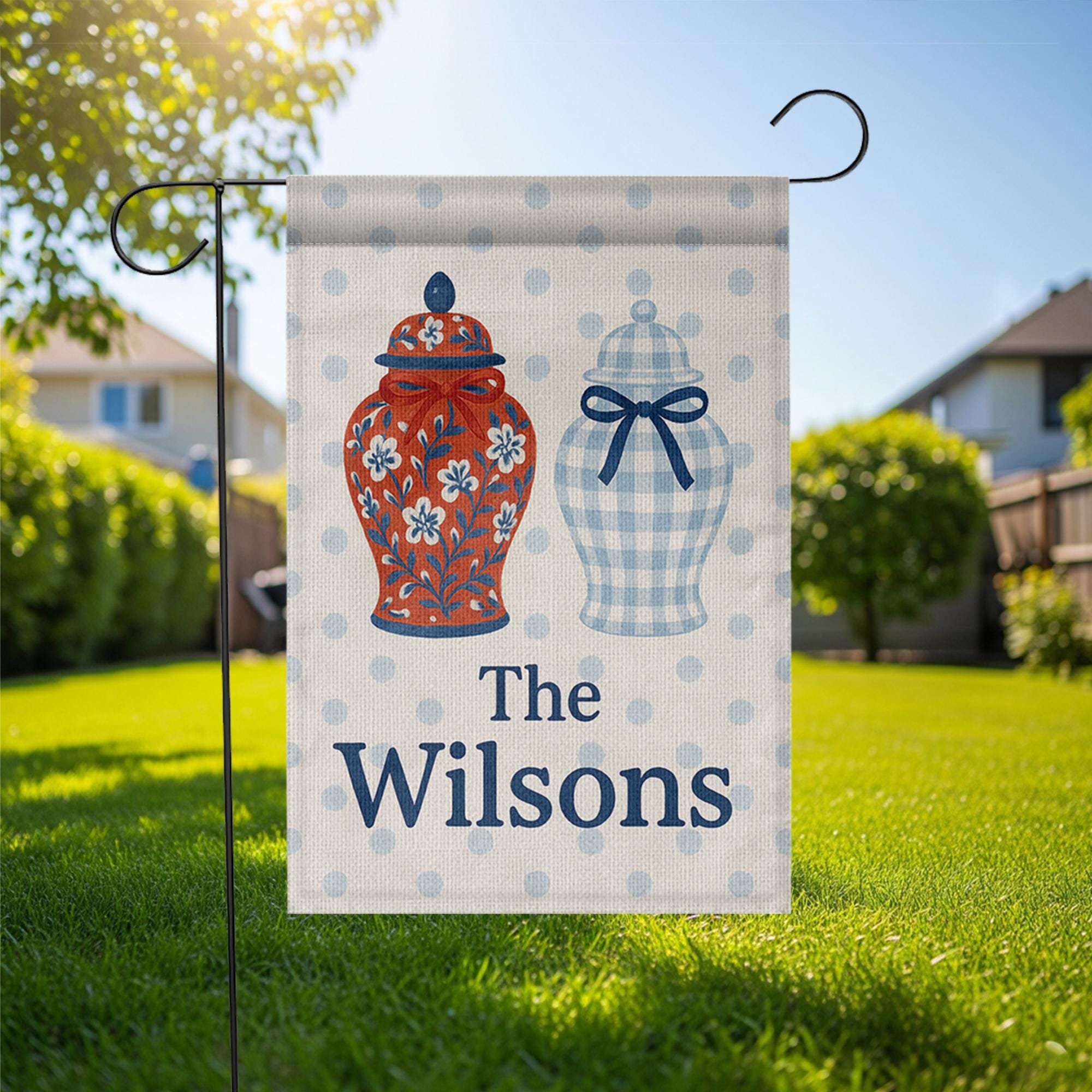 Custom Chinoiserie Garden Flag with Ginger Jars, Personalized Family Name Yard Sign, Blue Gingham Porch Decor, Monogram Outdoor Banner