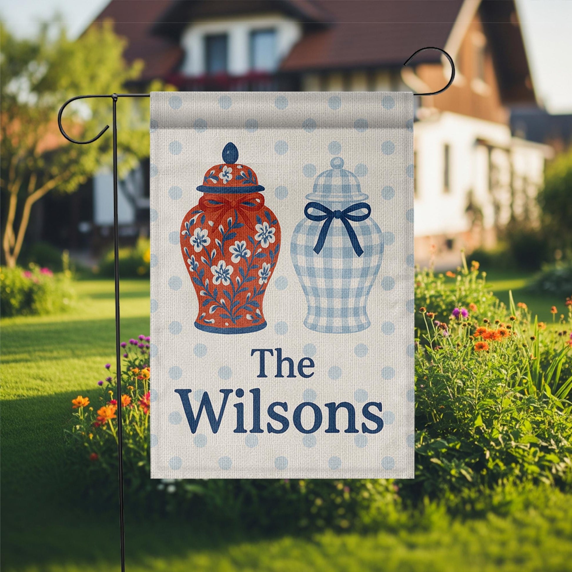 Custom Chinoiserie Garden Flag with Ginger Jars, Personalized Family Name Yard Sign, Blue Gingham Porch Decor, Monogram Outdoor Banner