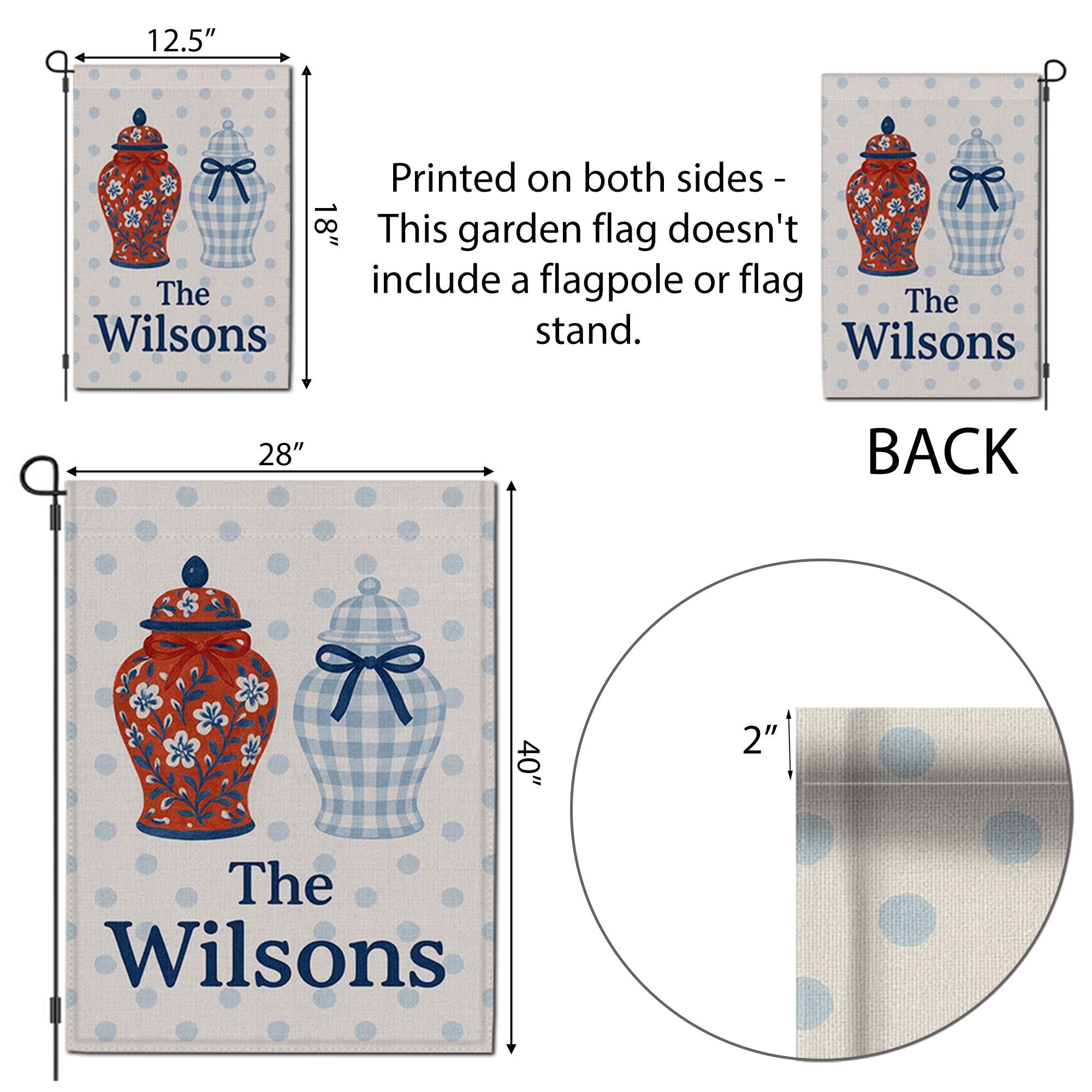 Custom Chinoiserie Garden Flag with Ginger Jars, Personalized Family Name Yard Sign, Blue Gingham Porch Decor, Monogram Outdoor Banner