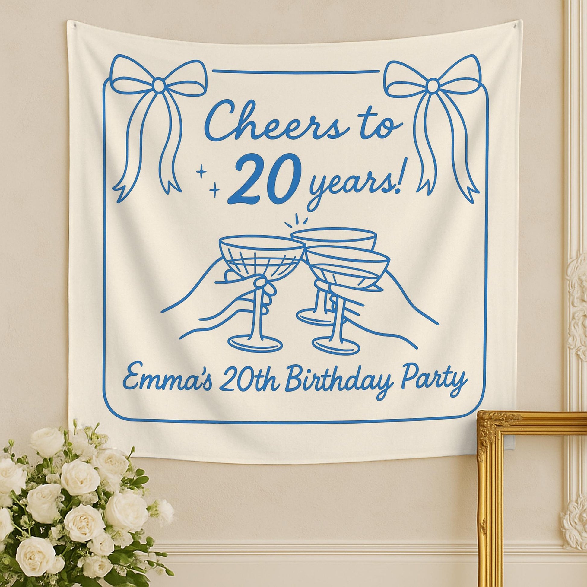 Custom Birthday Tapestry – Cheers to 20 Years Party Banner – Personalized Name & Age Wall Decor for Milestone Celebration
