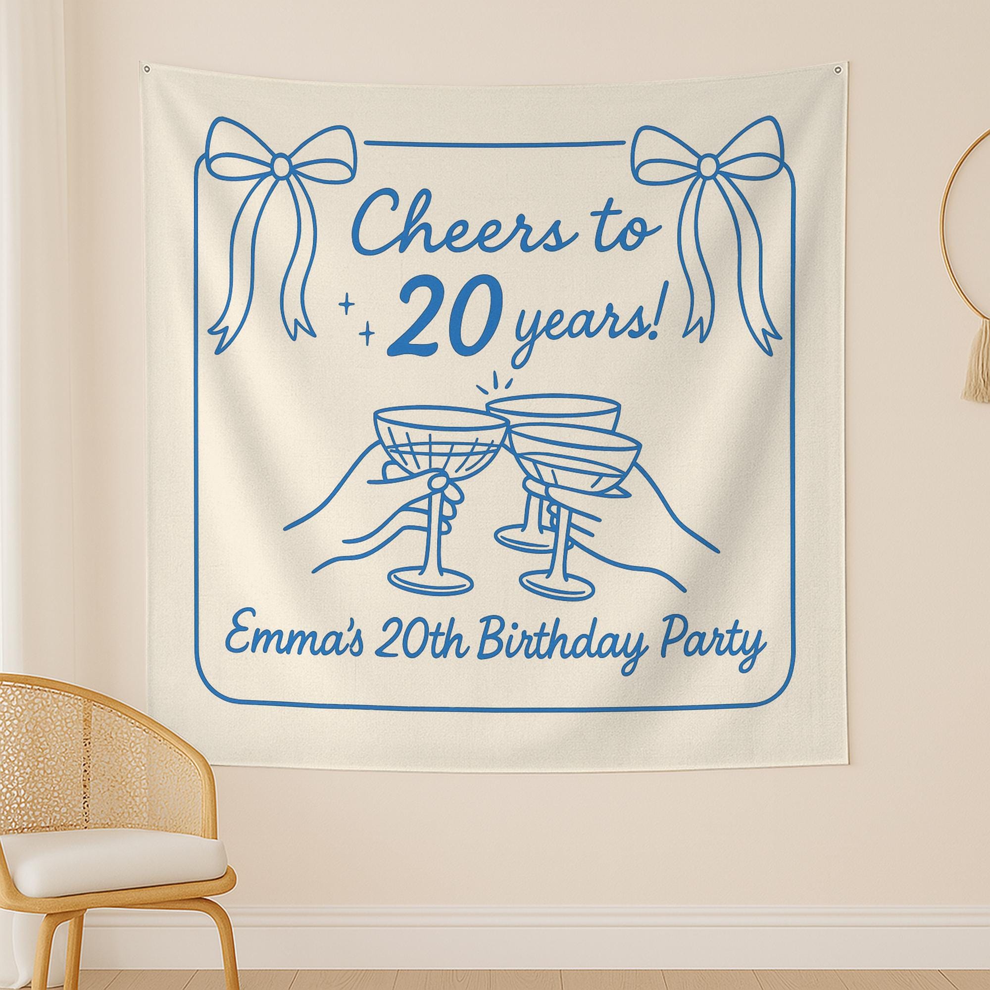 Custom Birthday Tapestry – Cheers to 20 Years Party Banner – Personalized Name & Age Wall Decor for Milestone Celebration