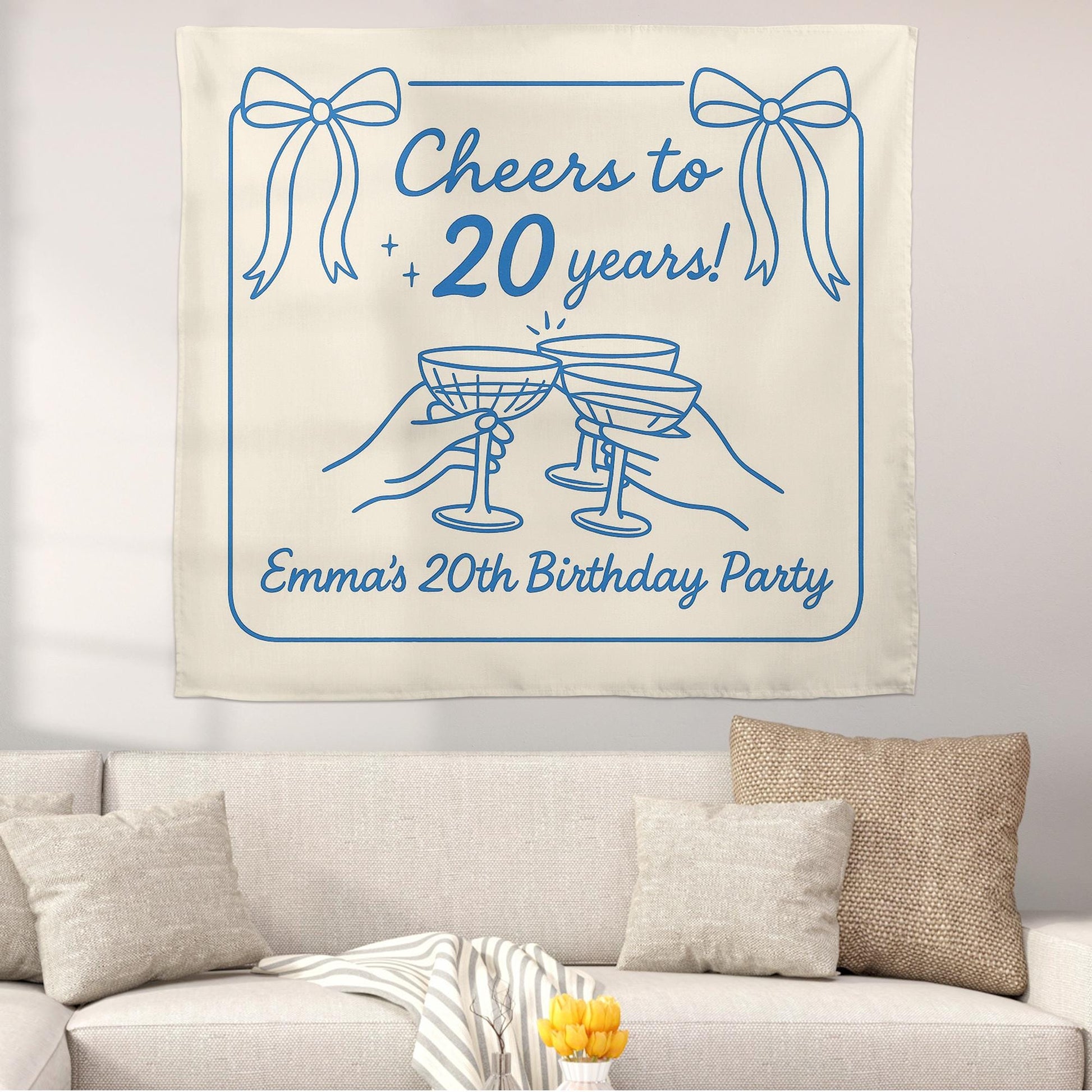 Custom Birthday Tapestry – Cheers to 20 Years Party Banner – Personalized Name & Age Wall Decor for Milestone Celebration