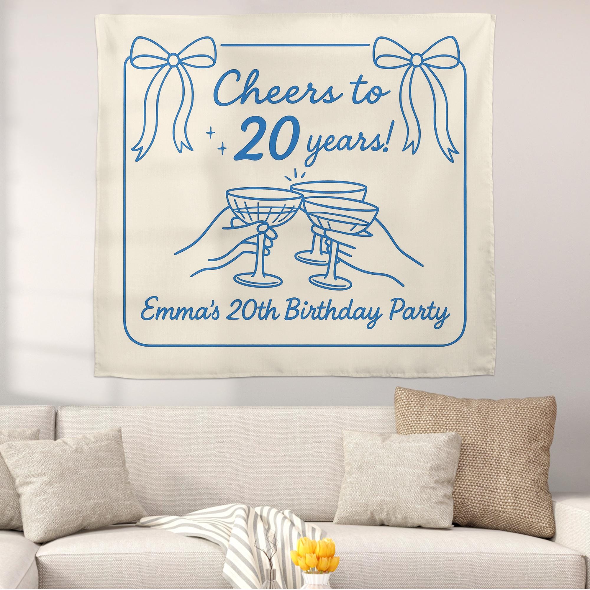 Custom Birthday Tapestry – Cheers to 20 Years Party Banner – Personalized Name & Age Wall Decor for Milestone Celebration