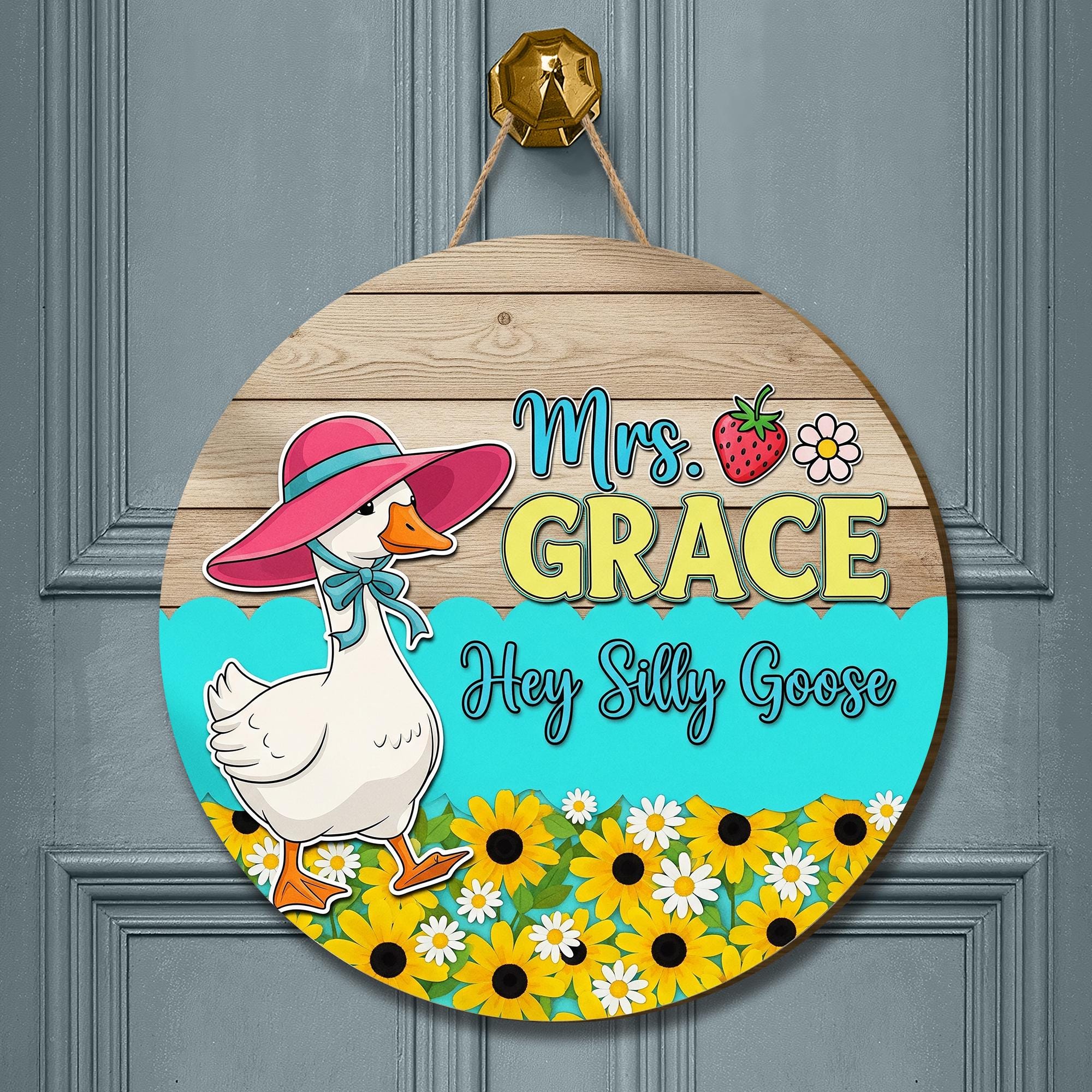 Personalized Silly Goose Door Sign – Custom Name Goose Decor with Flowers, Hat – Funny Classroom or Teacher Gift Round Wood Sign, Preschool
