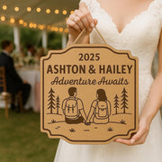 Custom Camping Wedding Door Sign – Adventure Awaits Couple Gift – Personalized Wood Plaque for Outdoorsy Bride & Groom