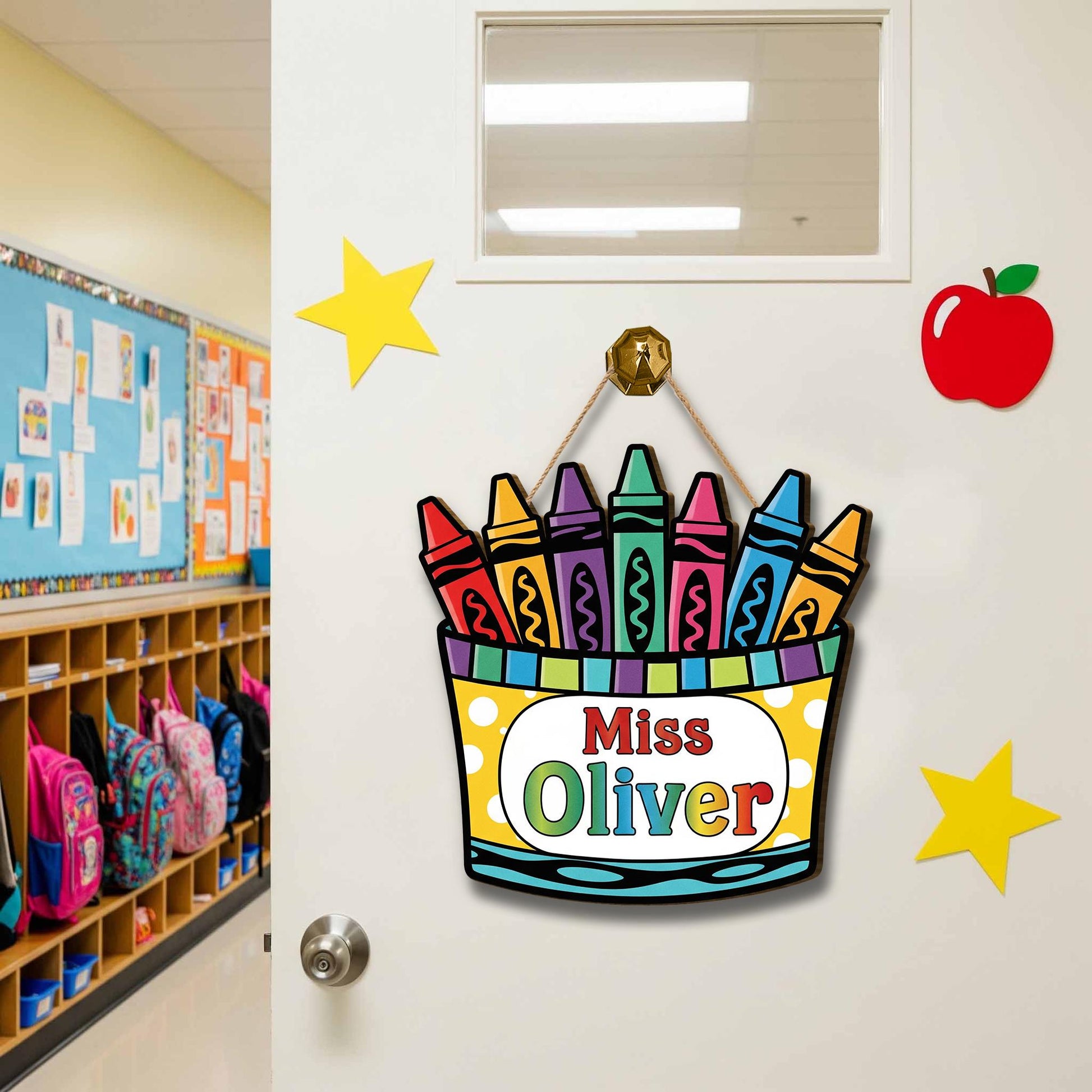 Personalized Crayon Door Sign for Teachers – Custom Name Classroom Decor – Colorful Back to School Hanging Sign for Pre-K, Kindergarten