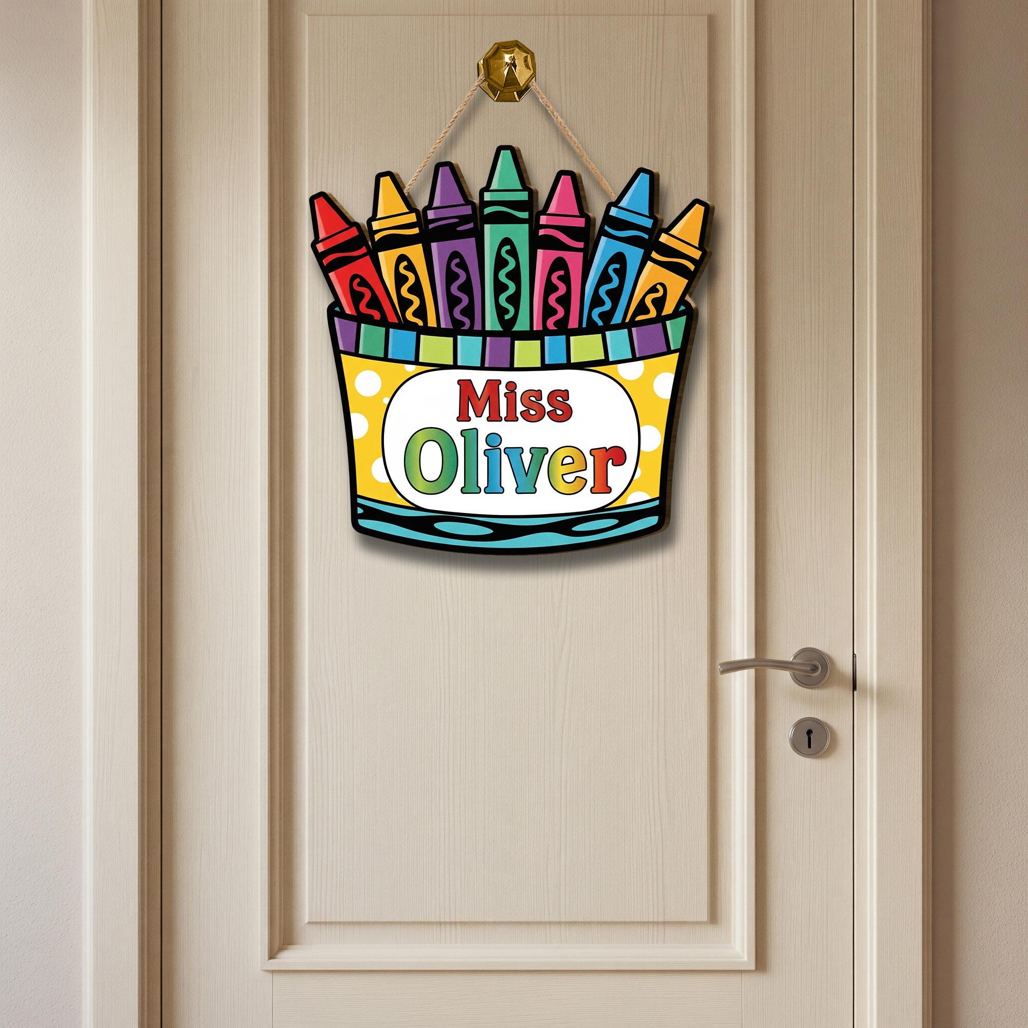 Personalized Crayon Door Sign for Teachers – Custom Name Classroom Decor – Colorful Back to School Hanging Sign for Pre-K, Kindergarten