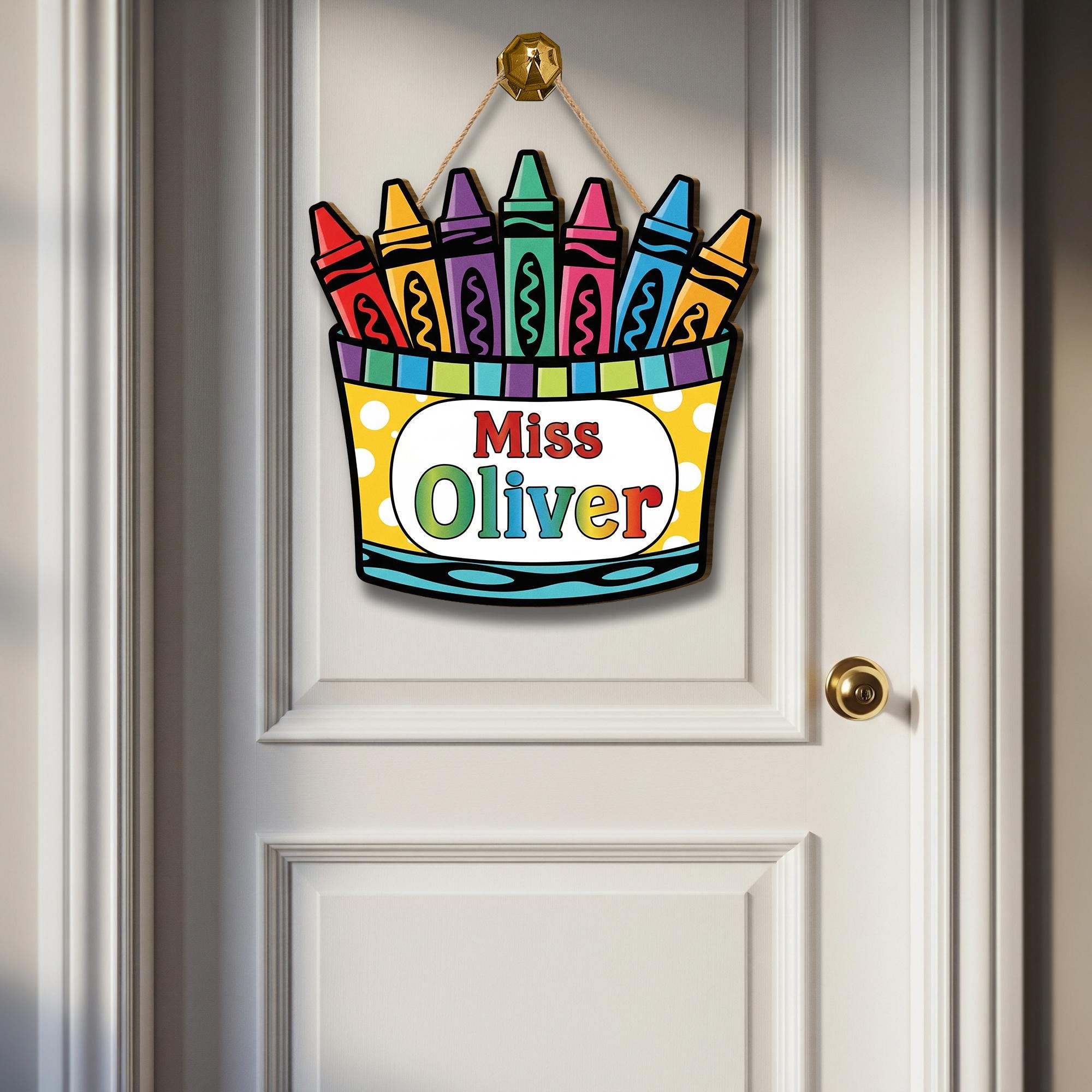 Personalized Crayon Door Sign for Teachers – Custom Name Classroom Decor – Colorful Back to School Hanging Sign for Pre-K, Kindergarten