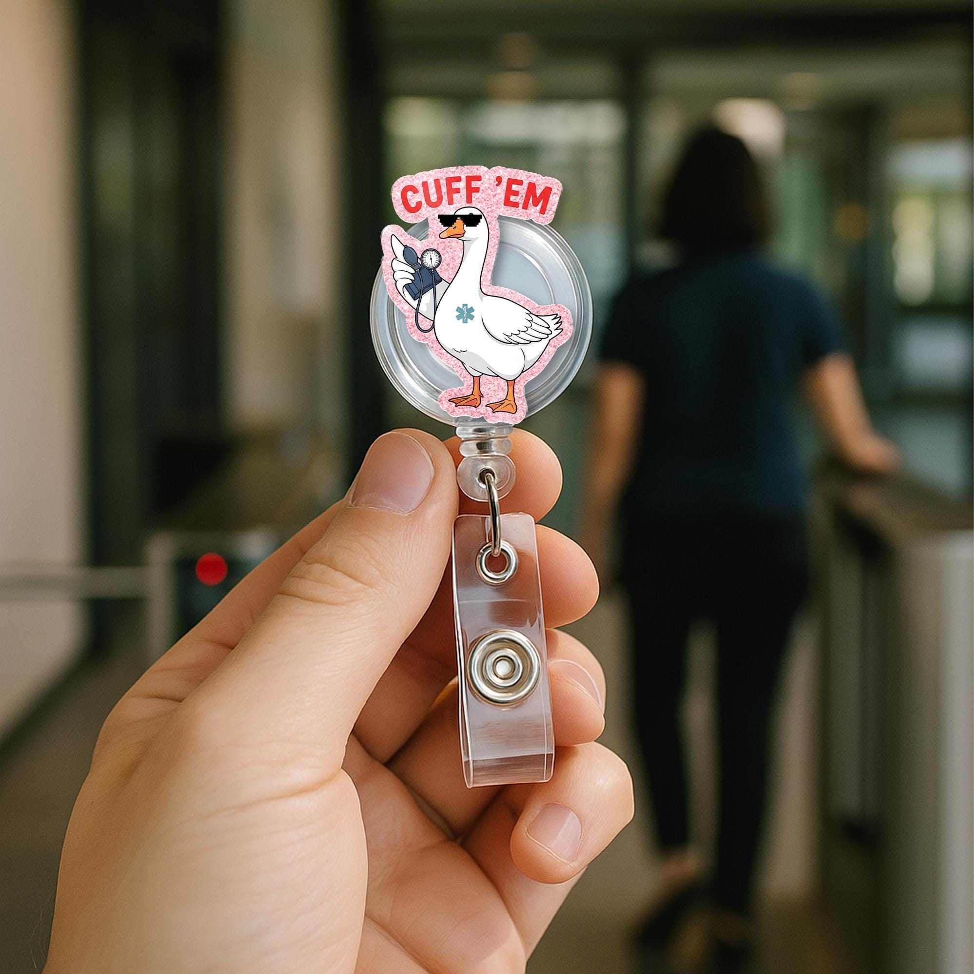 Cuff 'Em Nurse Badge Reel β Funny EMT Goose ID Holder β Cute Blood Pressure Reel β CNA Paramedic Medical Badge Clip β Nurse Week Accessory