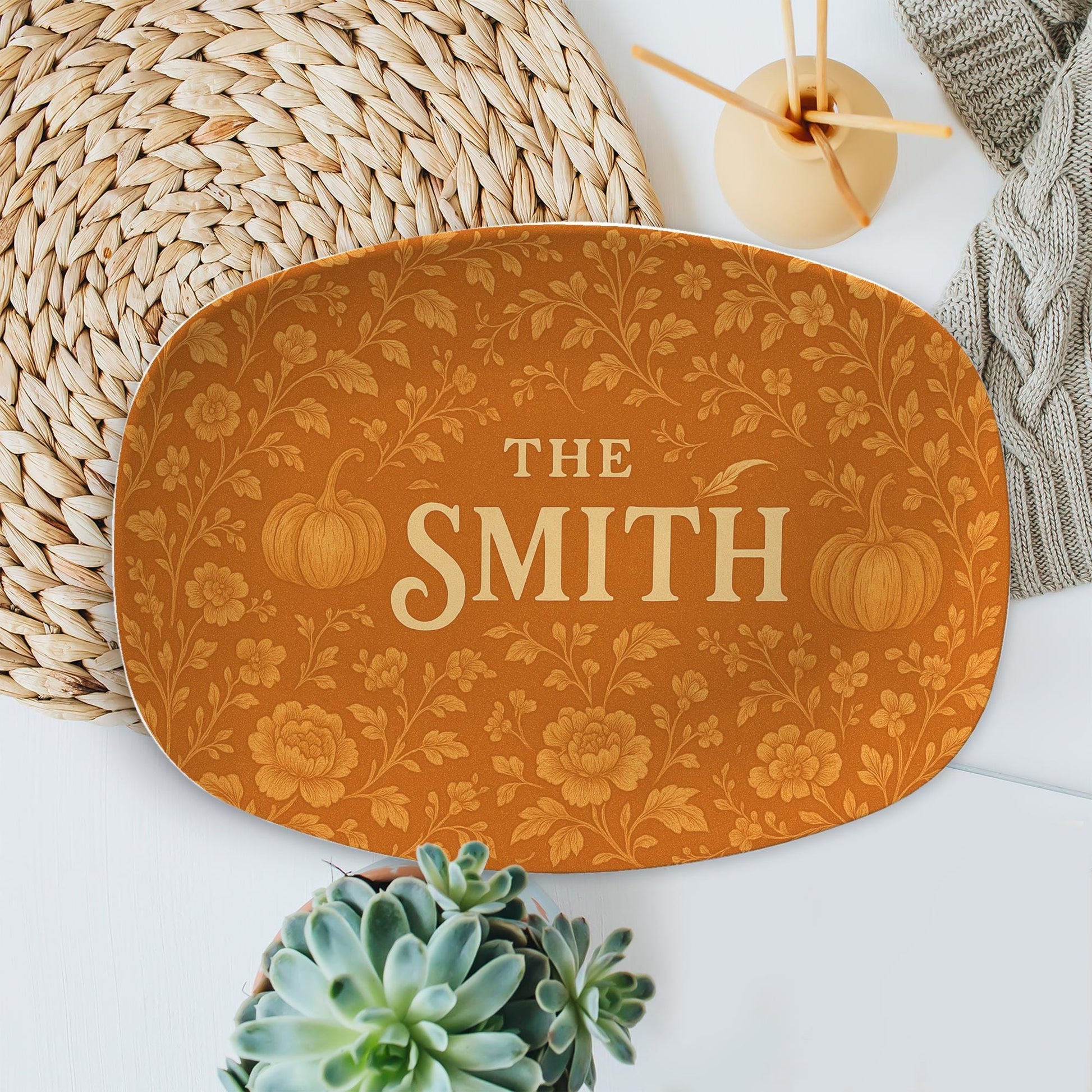 Custom Chinoiserie Pumpkin Platter - Personalized Fall Decor Plate - Orange Floral Thanksgiving Gift for Grandma - Vintage Style DECOR only