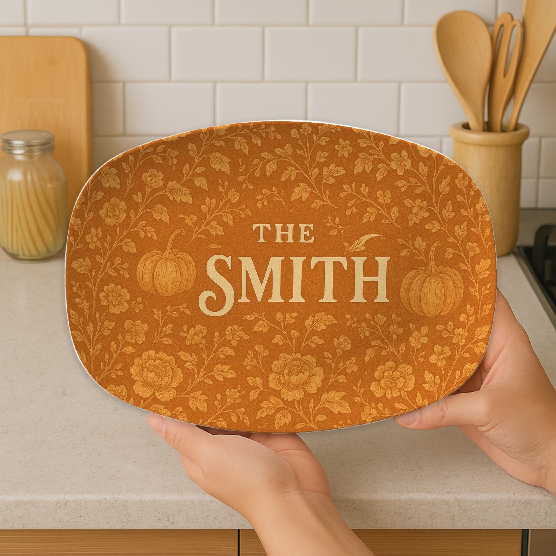 Custom Chinoiserie Pumpkin Platter - Personalized Fall Decor Plate - Orange Floral Thanksgiving Gift for Grandma - Vintage Style DECOR only