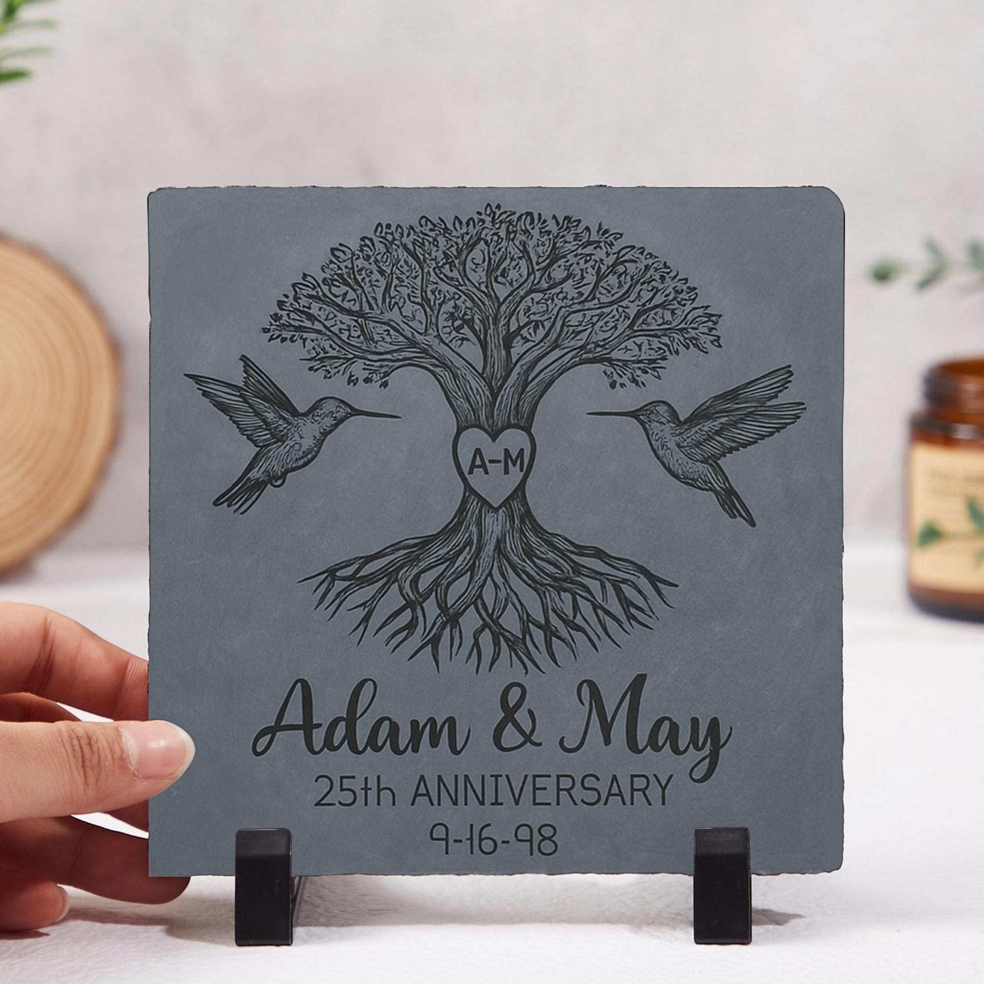 Custom Anniversary Garden Stone - Tree of Life with Hummingbirds - Personalized Couple Yard Decor - Outdoor Gift for Wedding gift