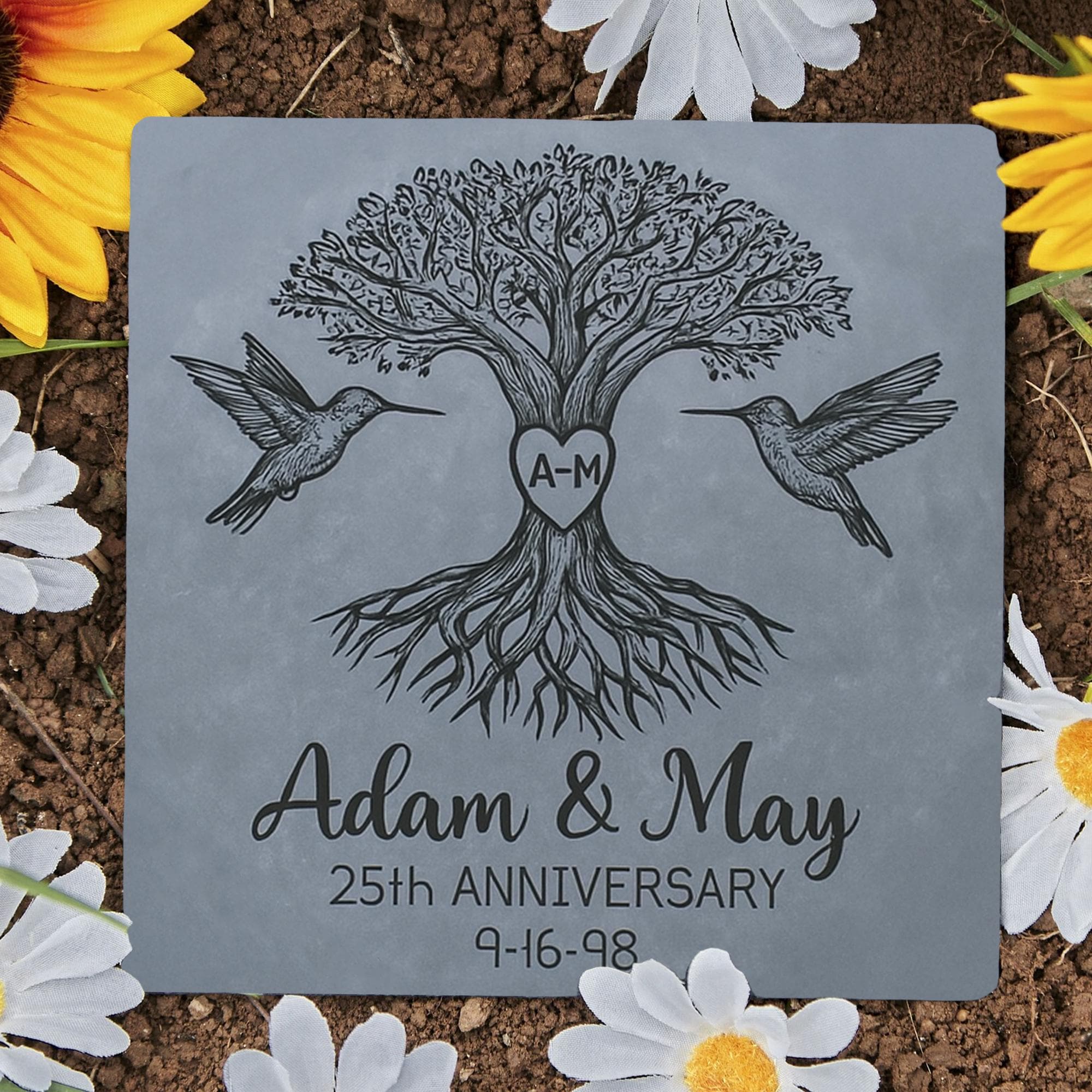 Custom Anniversary Garden Stone - Tree of Life with Hummingbirds - Personalized Couple Yard Decor - Outdoor Gift for Wedding gift