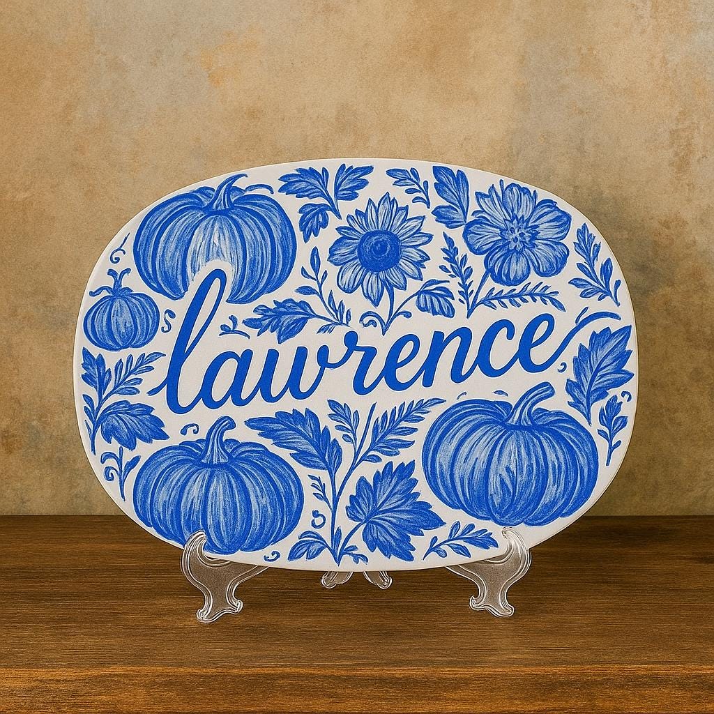Custom Chinoiserie Pumpkin Platter - Blue & White Fall Floral Plate - Personalized Thanksgiving Decor - Autumn Hostess Gift Tray- DECOR only