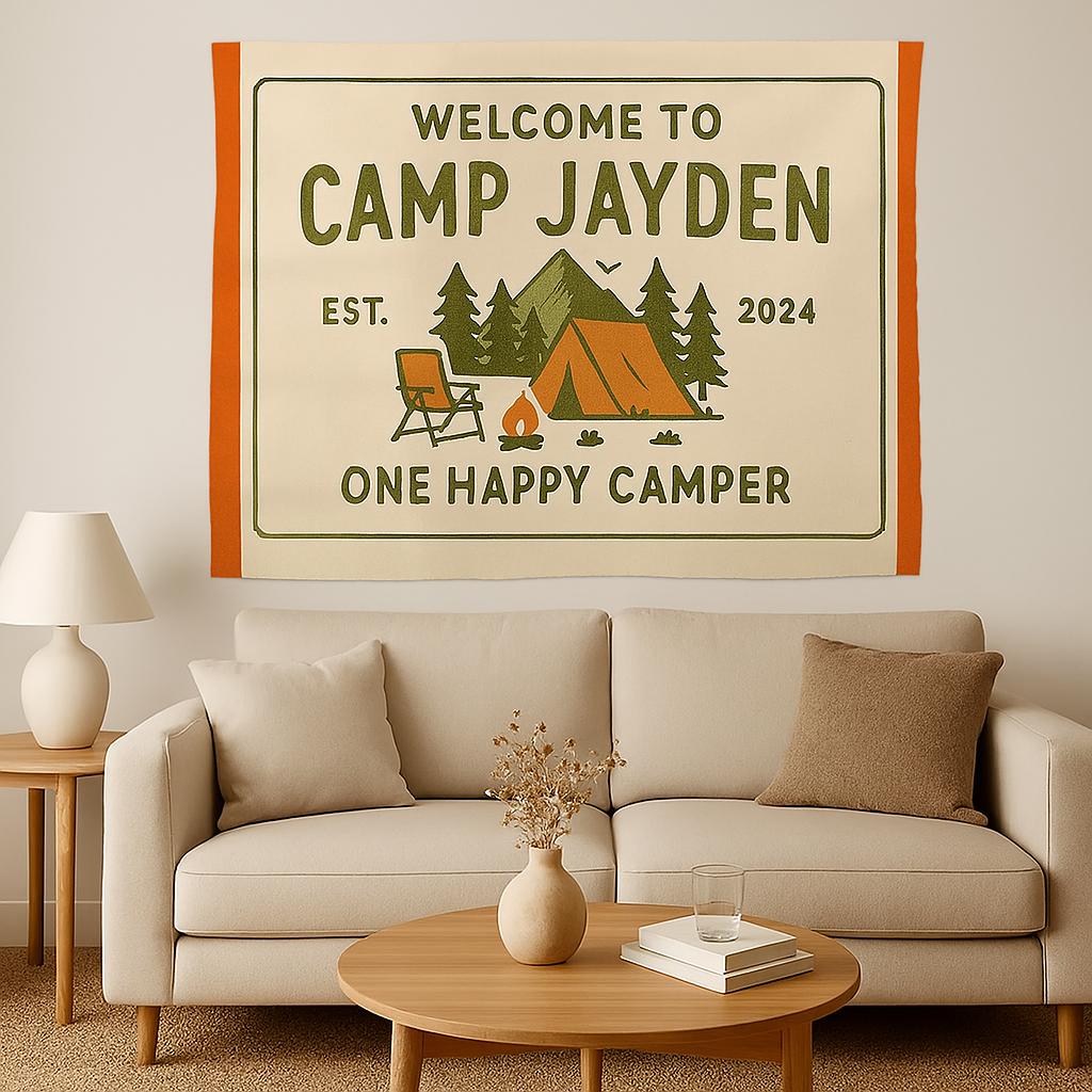 Custom Camp Tapestry - Personalized Camper Banner with Tent & Forest Design - Outdoor Adventure Decor - Happy Camper Gift for Kids or Adults