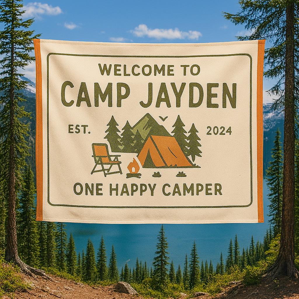 Custom Camp Tapestry - Personalized Camper Banner with Tent & Forest Design - Outdoor Adventure Decor - Happy Camper Gift for Kids or Adults