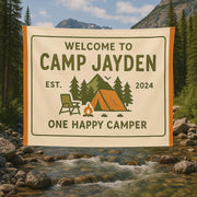 Custom Camp Tapestry - Personalized Camper Banner with Tent & Forest Design - Outdoor Adventure Decor - Happy Camper Gift for Kids or Adults