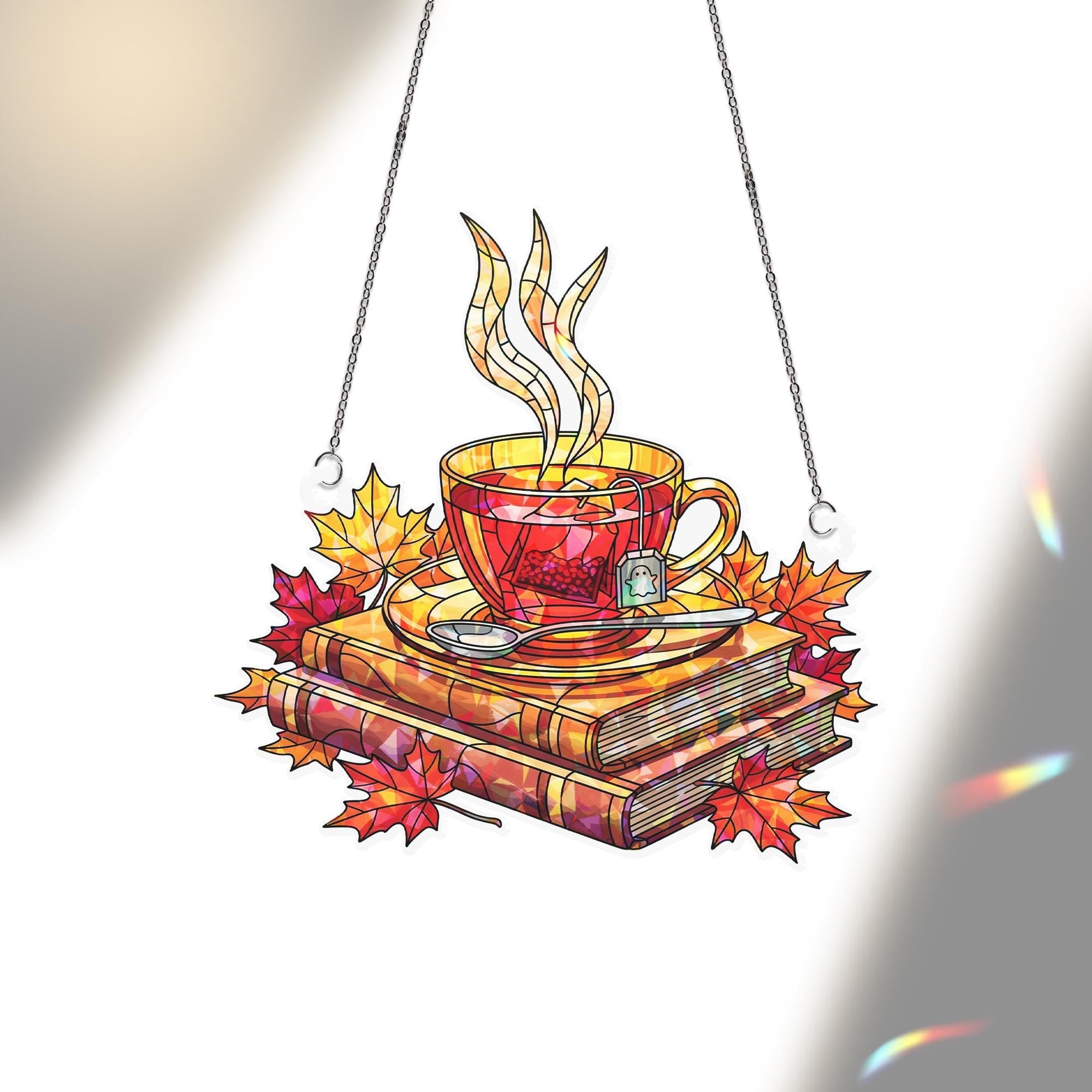 Cozy Tea and Books Stained Glass Window Hanging – Autumn Leaves Faux Hologram Suncatcher for Book Lovers, Readers, Fall Home Decor
