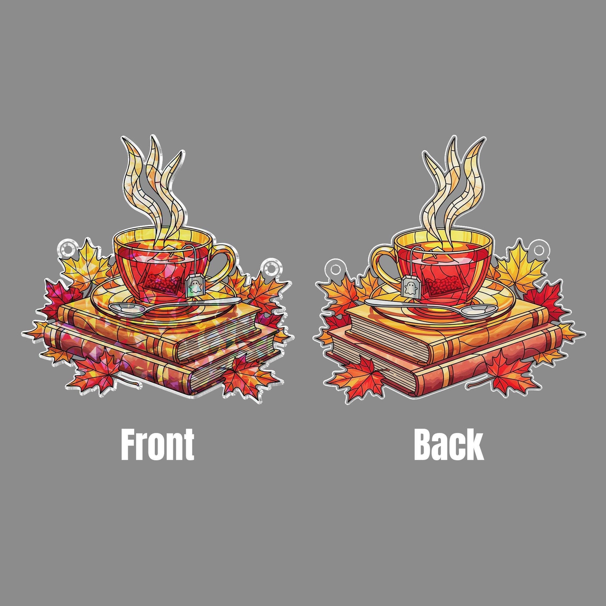 Cozy Tea and Books Stained Glass Window Hanging – Autumn Leaves Faux Hologram Suncatcher for Book Lovers, Readers, Fall Home Decor