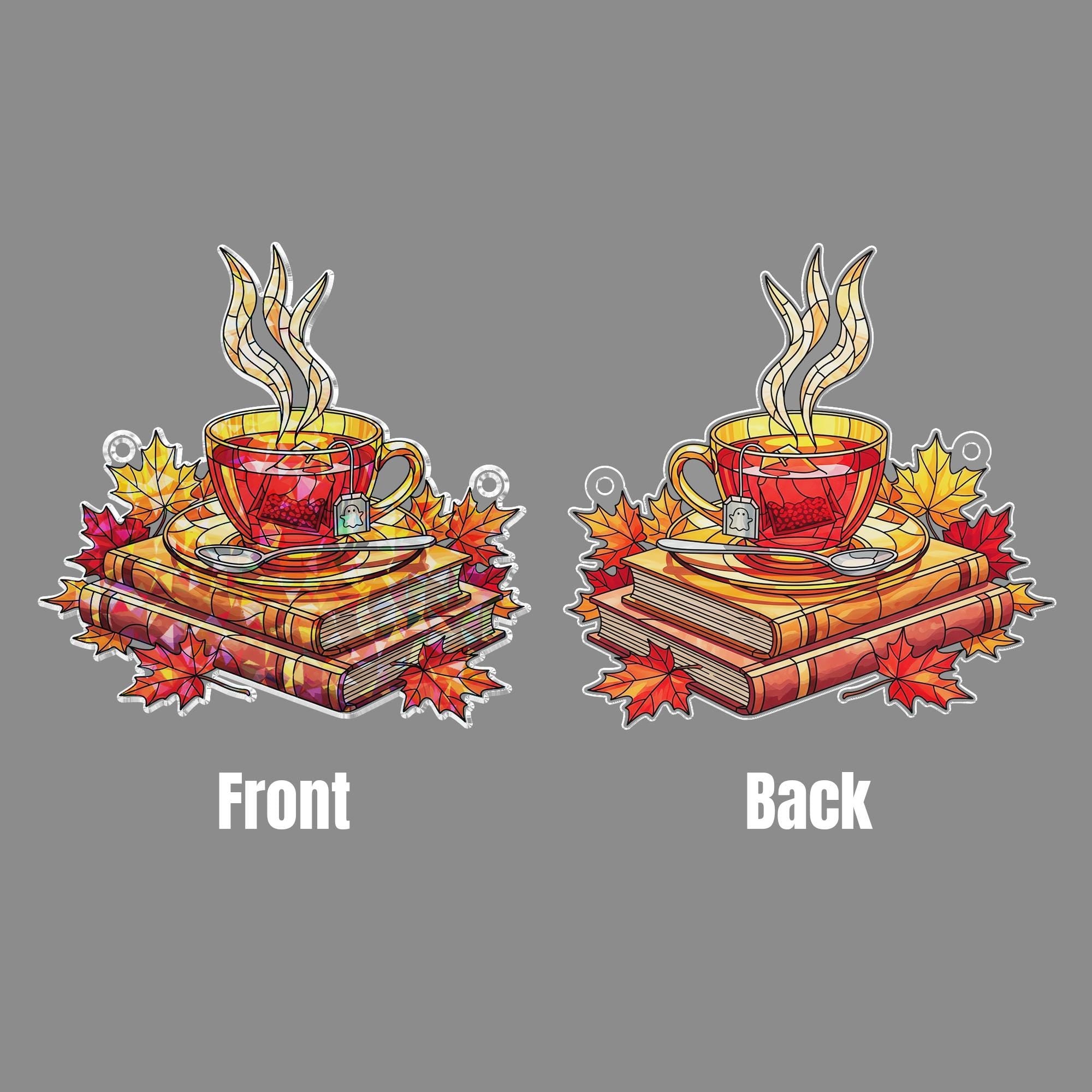 Cozy Tea and Books Stained Glass Window Hanging – Autumn Leaves Faux Hologram Suncatcher for Book Lovers, Readers, Fall Home Decor