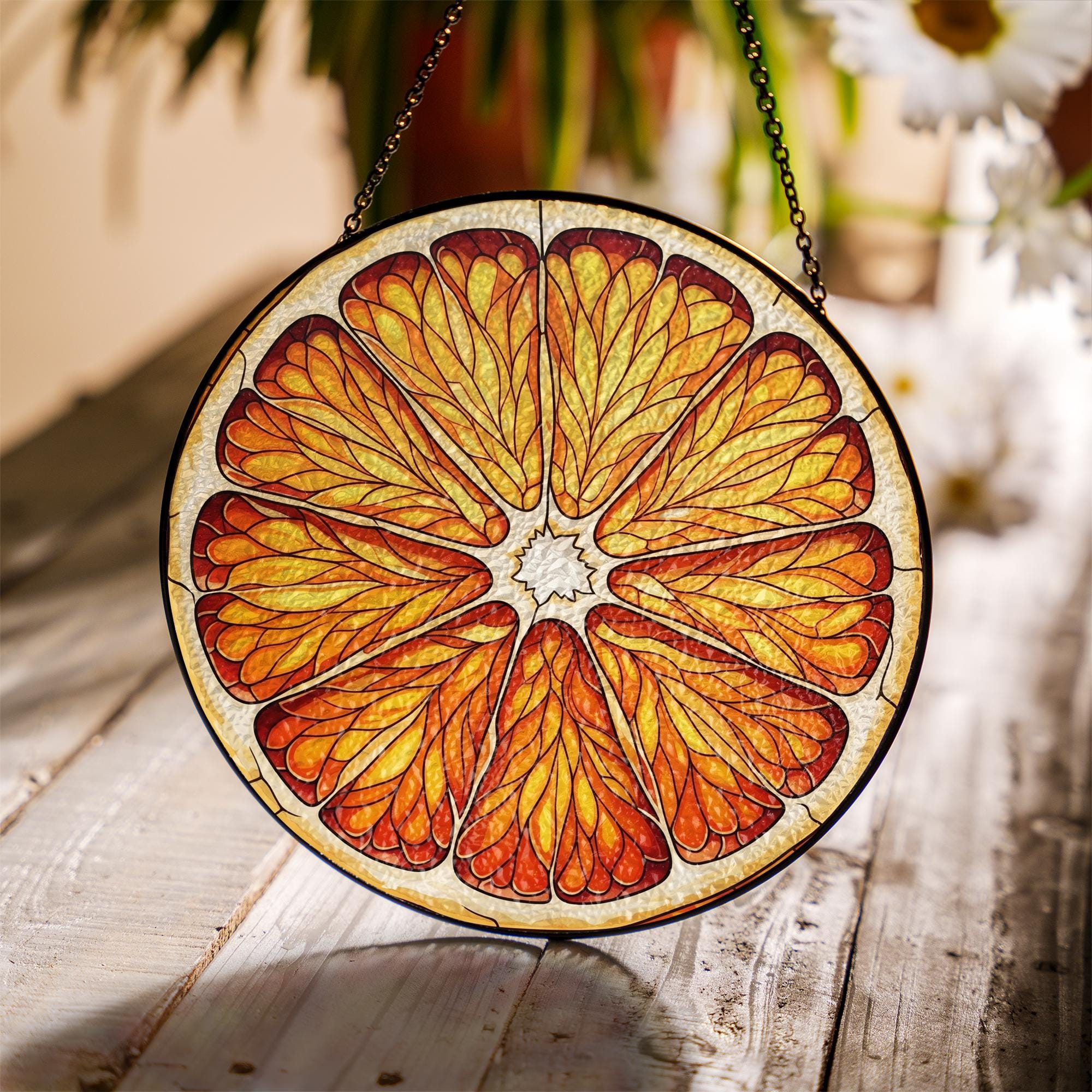Citrus Slice Faux Stained Glass Suncatcher – Orange Window Hanging Kitchen Decor, Summer Fruit Sun Catcher Gift, Bright Window Art