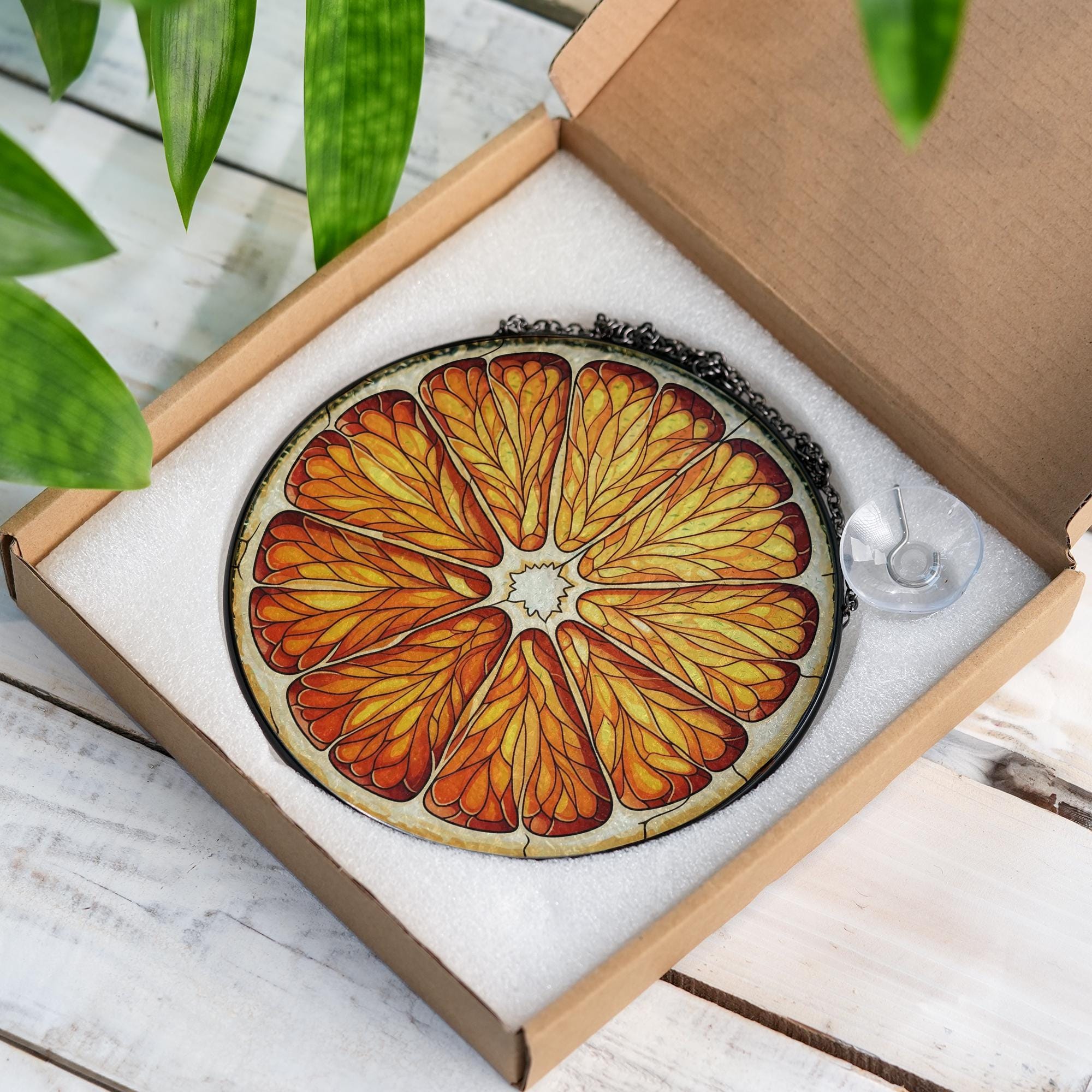 Citrus Slice Faux Stained Glass Suncatcher – Orange Window Hanging Kitchen Decor, Summer Fruit Sun Catcher Gift, Bright Window Art