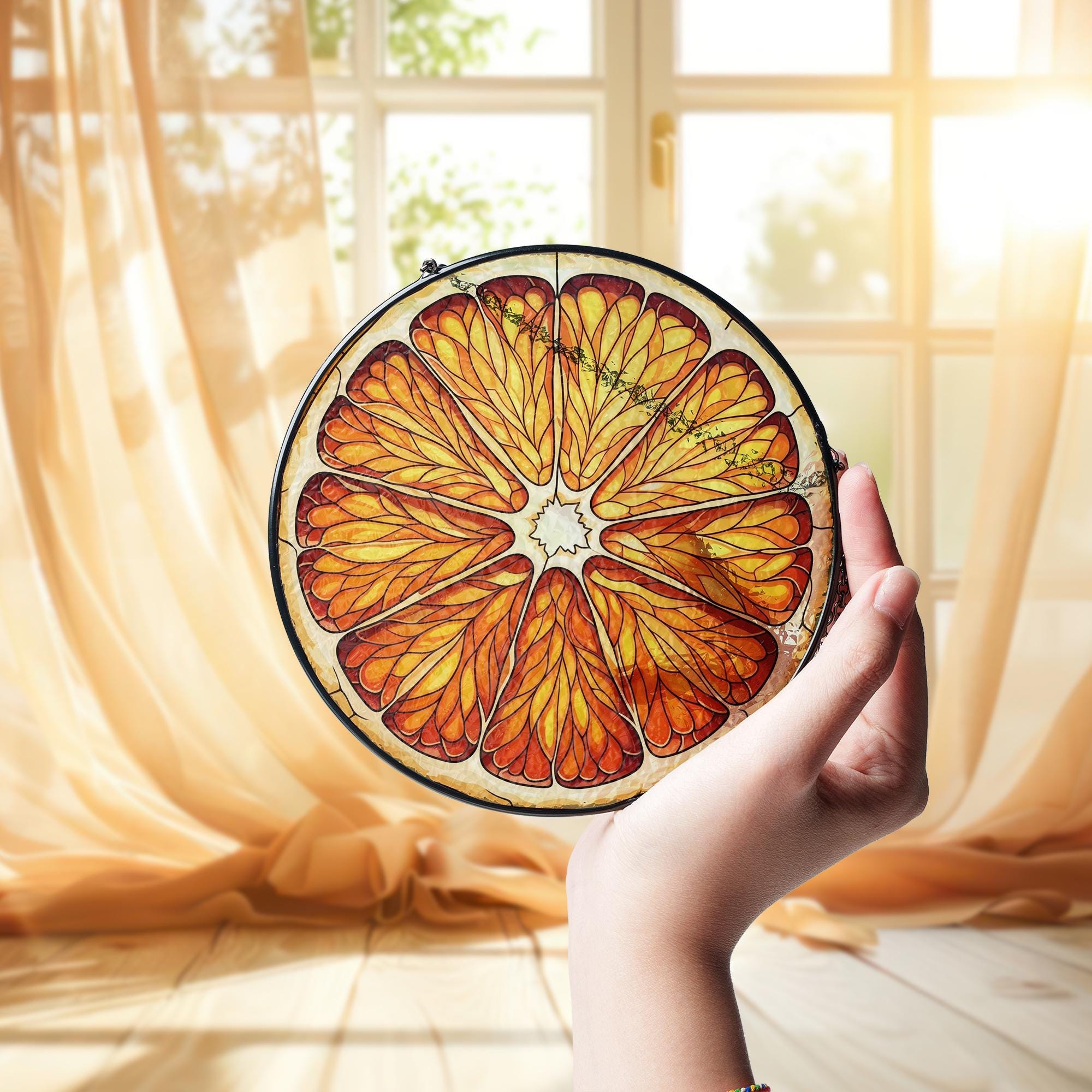 Citrus Slice Faux Stained Glass Suncatcher – Orange Window Hanging Kitchen Decor, Summer Fruit Sun Catcher Gift, Bright Window Art