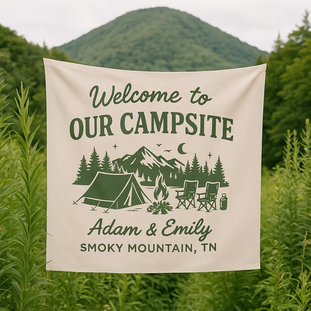 Custom Camping Tapestry – Personalized Campsite Sign Gift for Couples, Wedding or Anniversary, Outdoor Partner Camp Decor