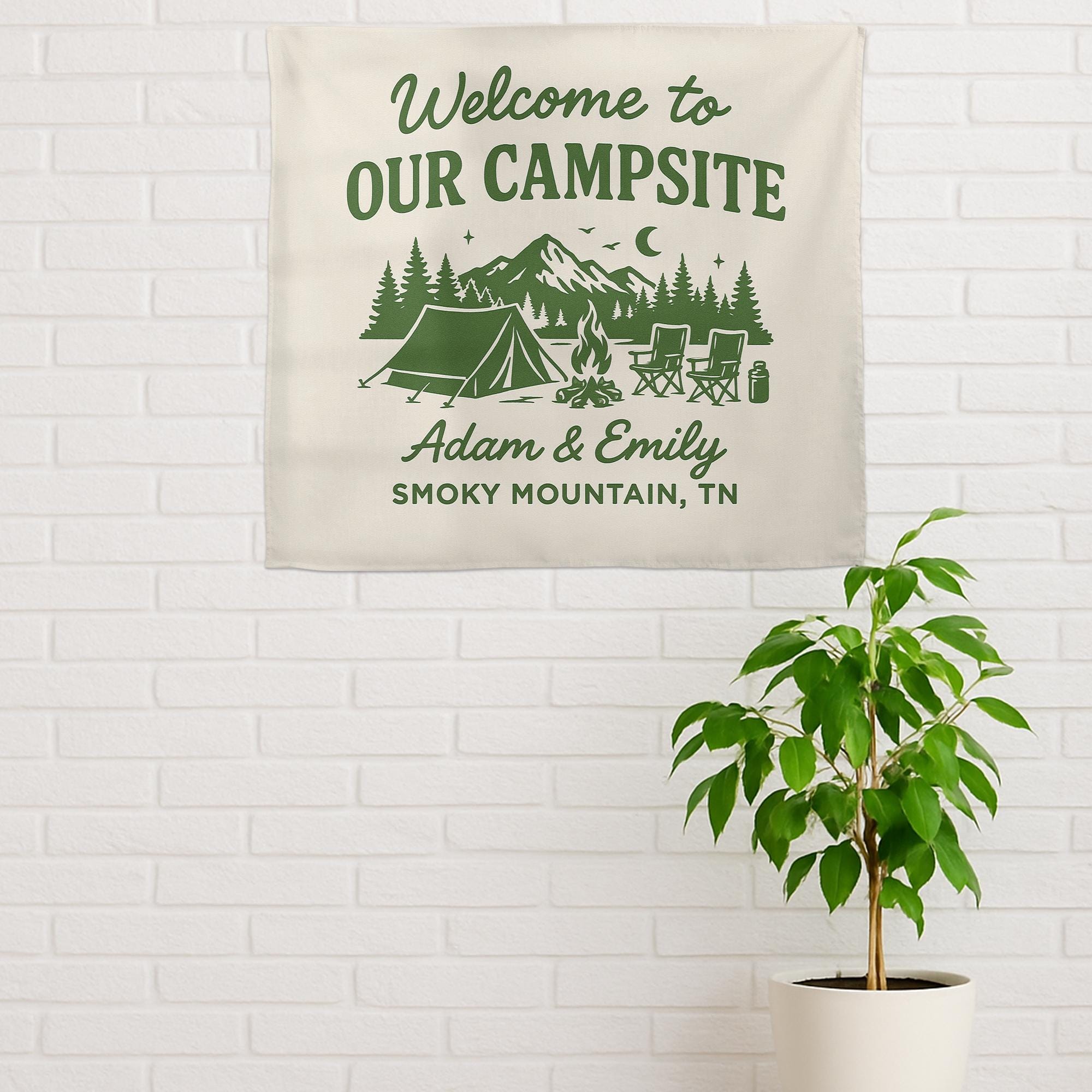 Custom Camping Tapestry – Personalized Campsite Sign Gift for Couples, Wedding or Anniversary, Outdoor Partner Camp Decor