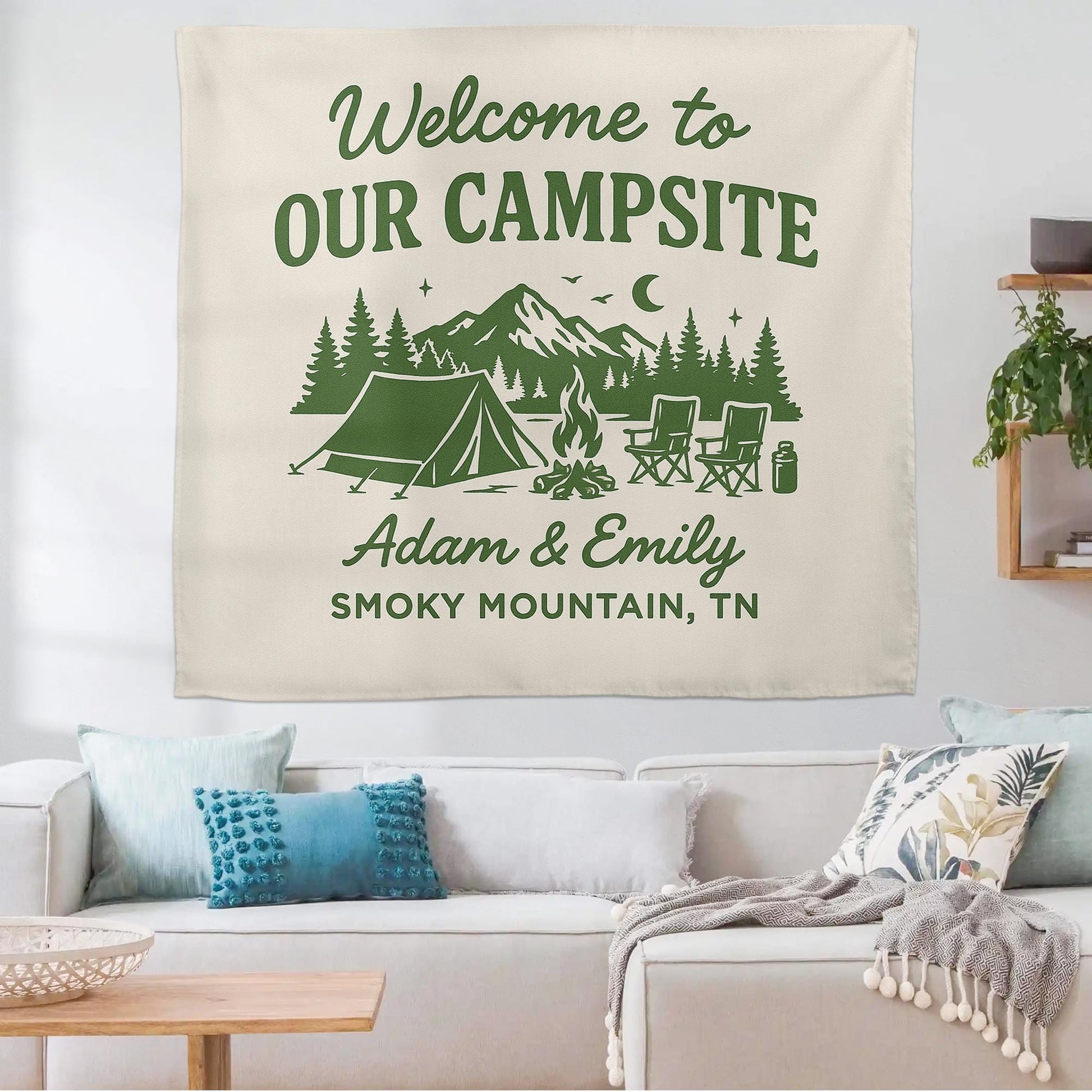 Custom Camping Tapestry – Personalized Campsite Sign Gift for Couples, Wedding or Anniversary, Outdoor Partner Camp Decor