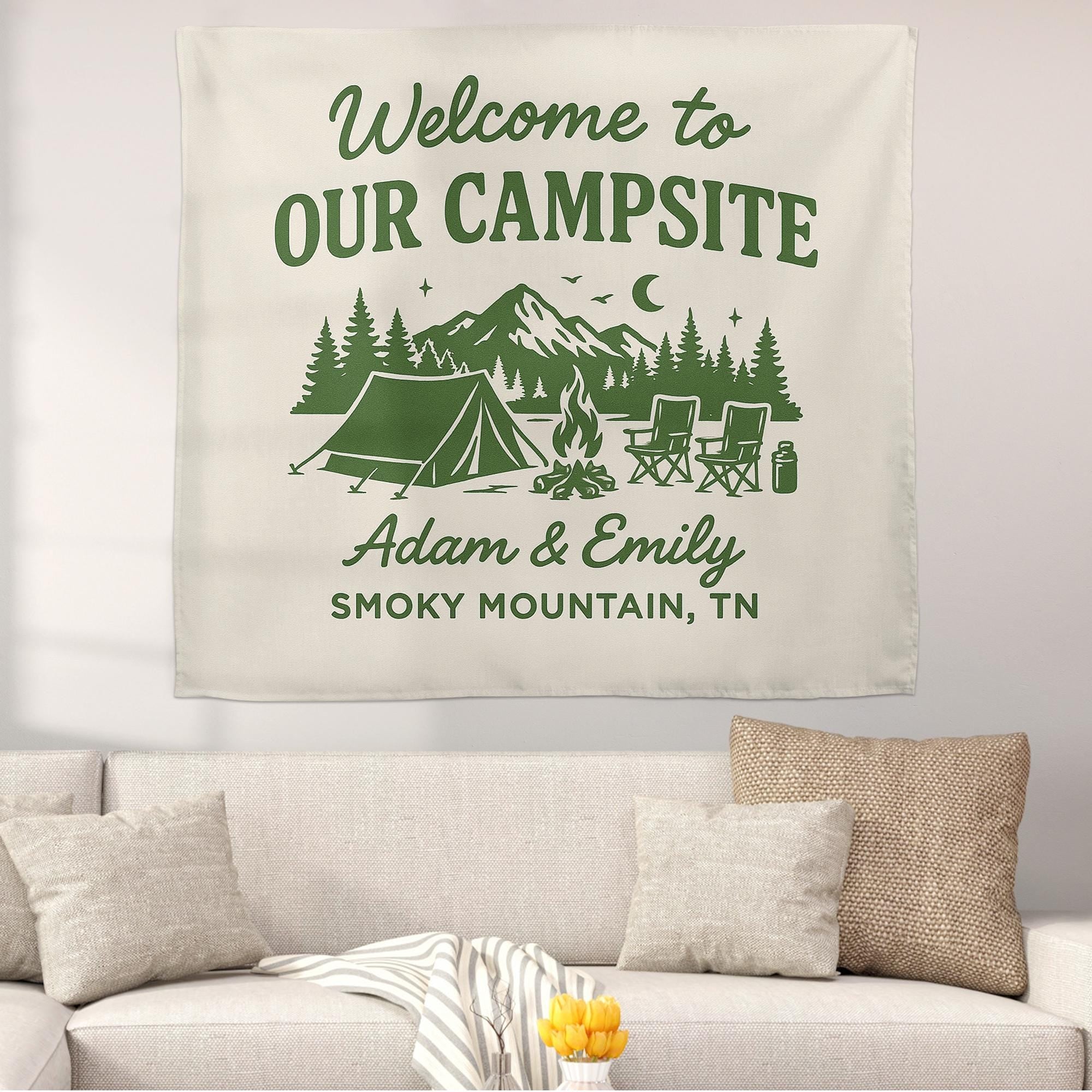 Custom Camping Tapestry – Personalized Campsite Sign Gift for Couples, Wedding or Anniversary, Outdoor Partner Camp Decor