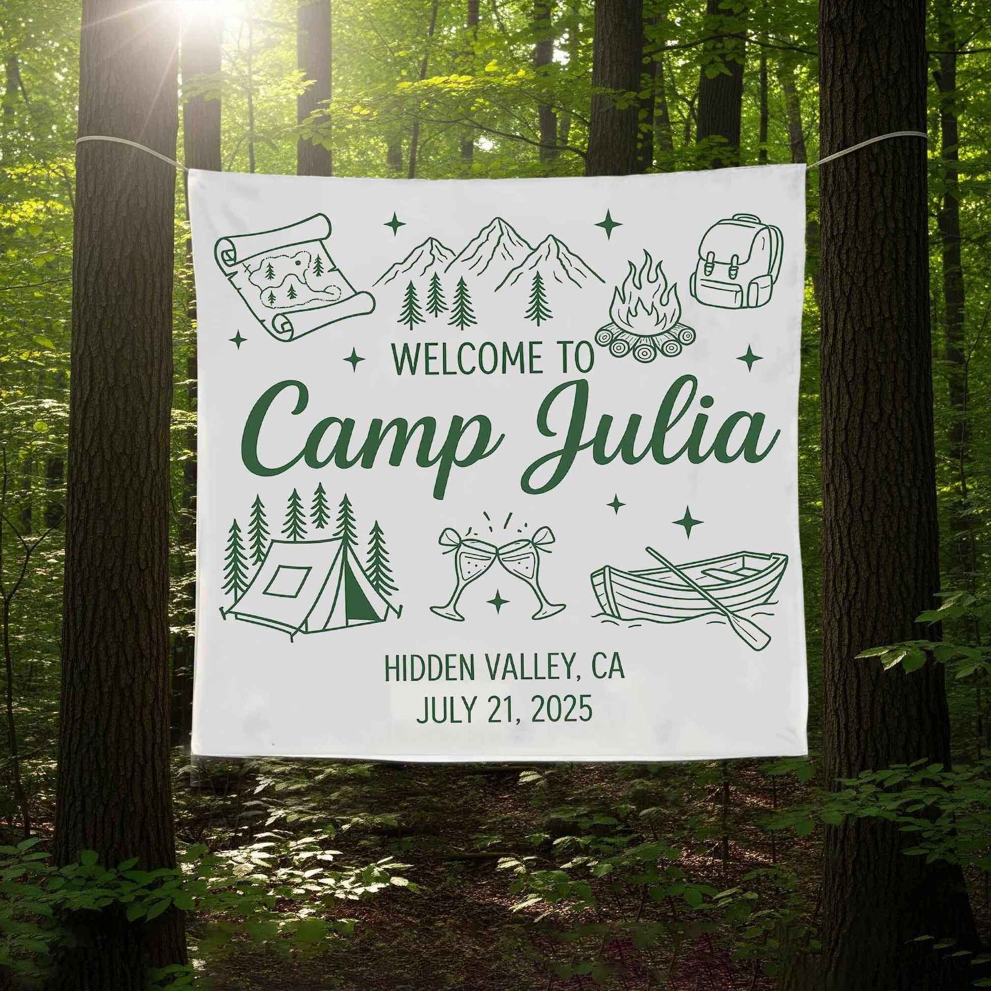 Custom Camp Banner, Welcome to Camp Sign, Personalized Camping Tapestry, Outdoor Reunion Decor, Camp Flag, amping Bachelorette Decor