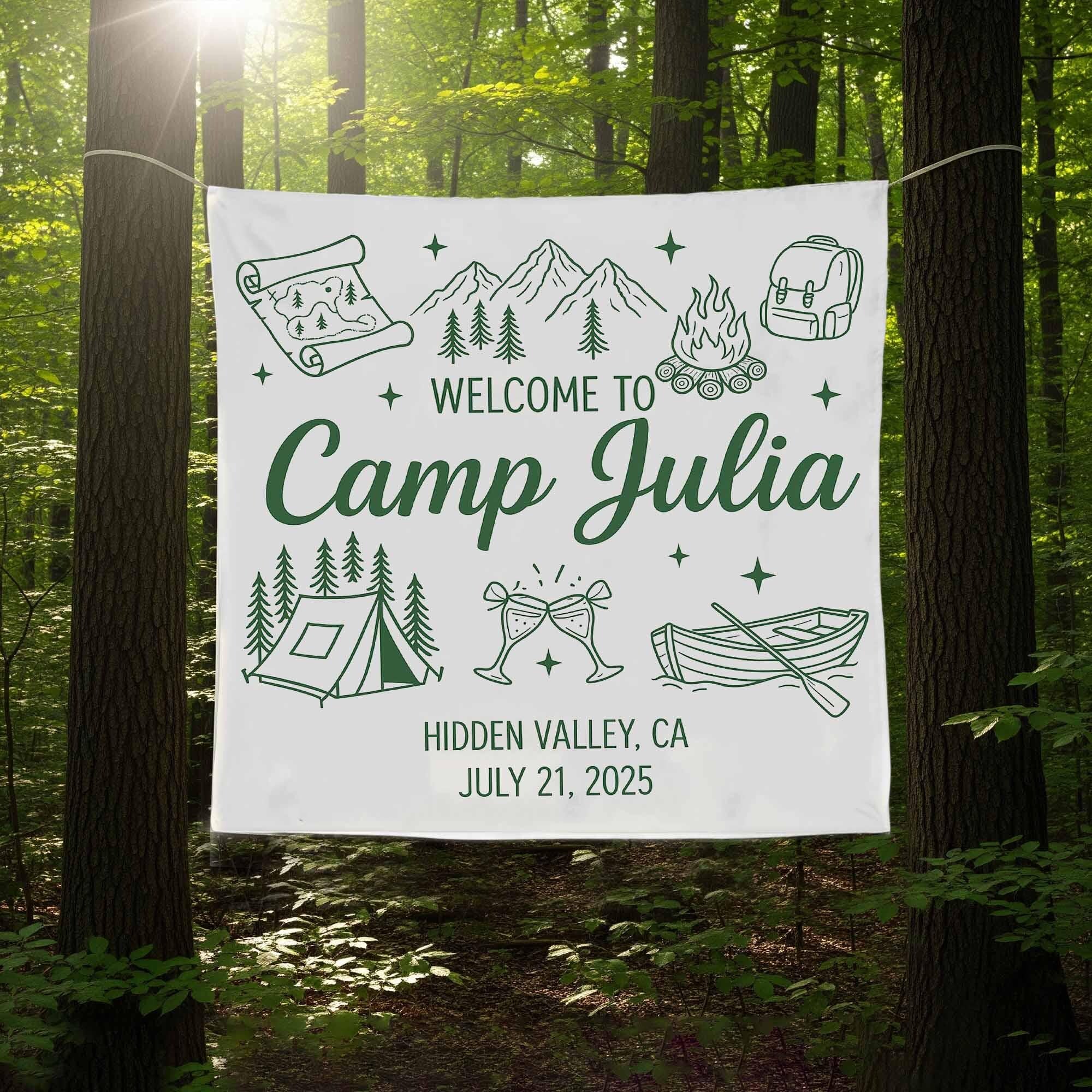 Custom Camp Banner, Welcome to Camp Sign, Personalized Camping Tapestry, Outdoor Reunion Decor, Camp Flag, amping Bachelorette Decor