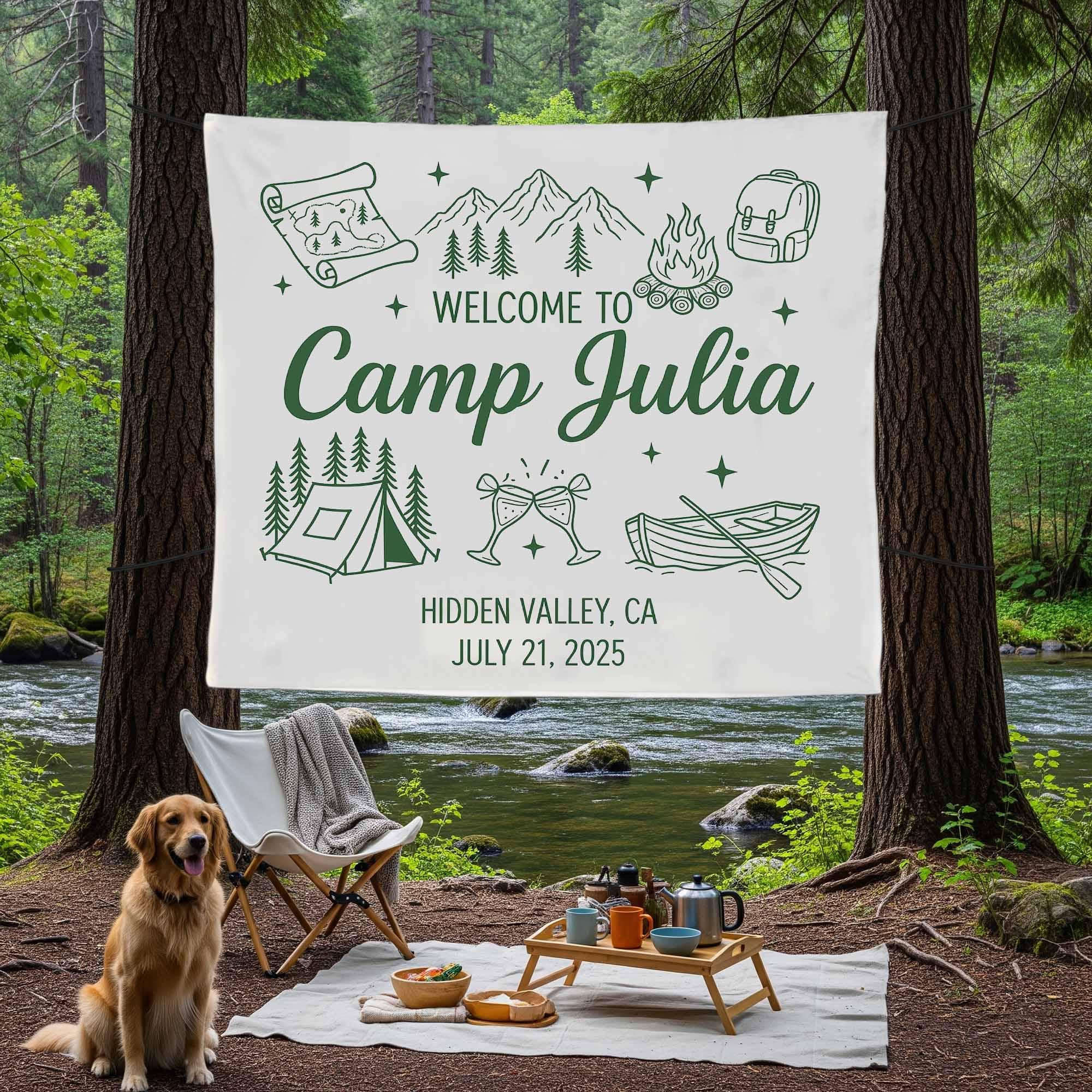 Custom Camp Banner, Welcome to Camp Sign, Personalized Camping Tapestry, Outdoor Reunion Decor, Camp Flag, amping Bachelorette Decor