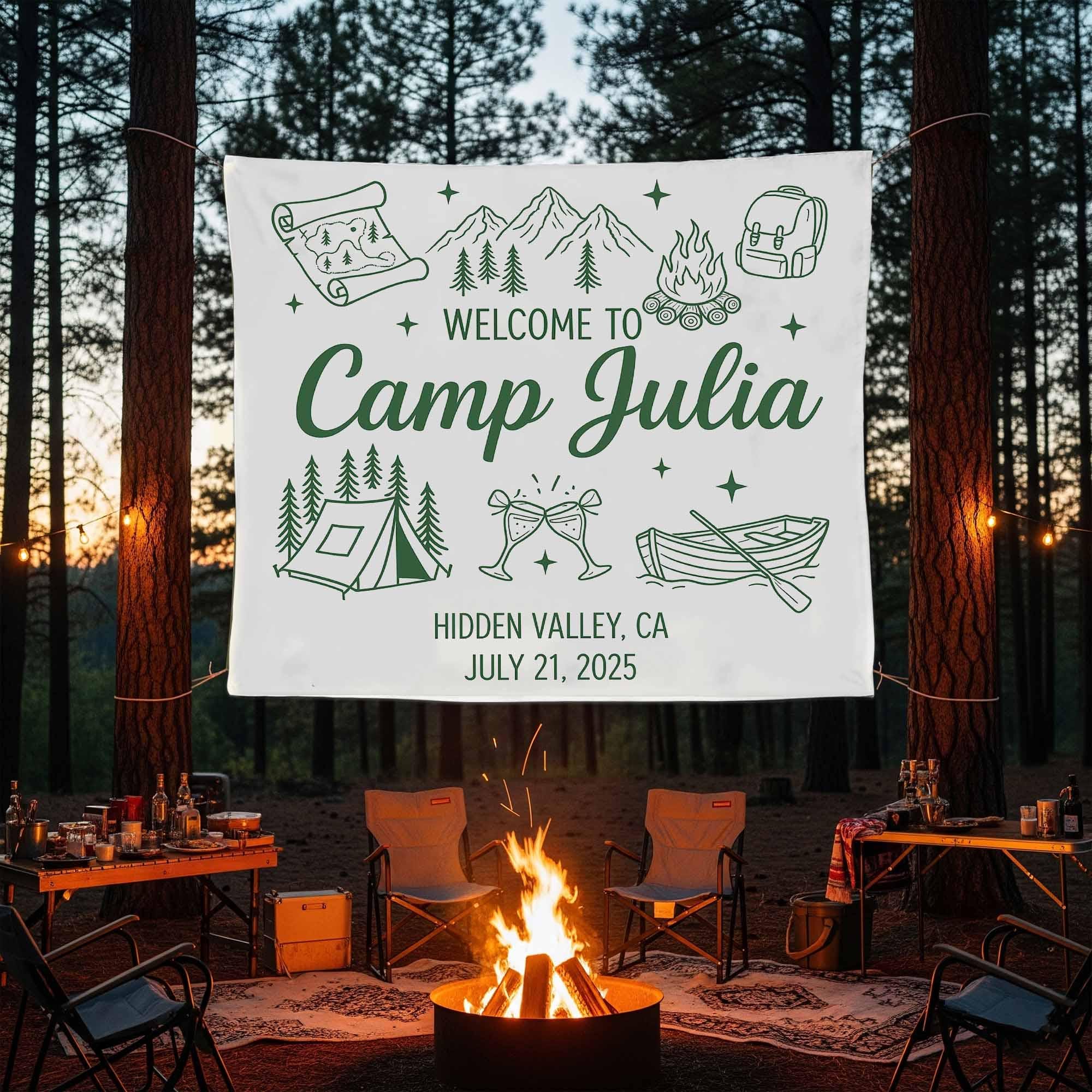 Custom Camp Banner, Welcome to Camp Sign, Personalized Camping Tapestry, Outdoor Reunion Decor, Camp Flag, amping Bachelorette Decor